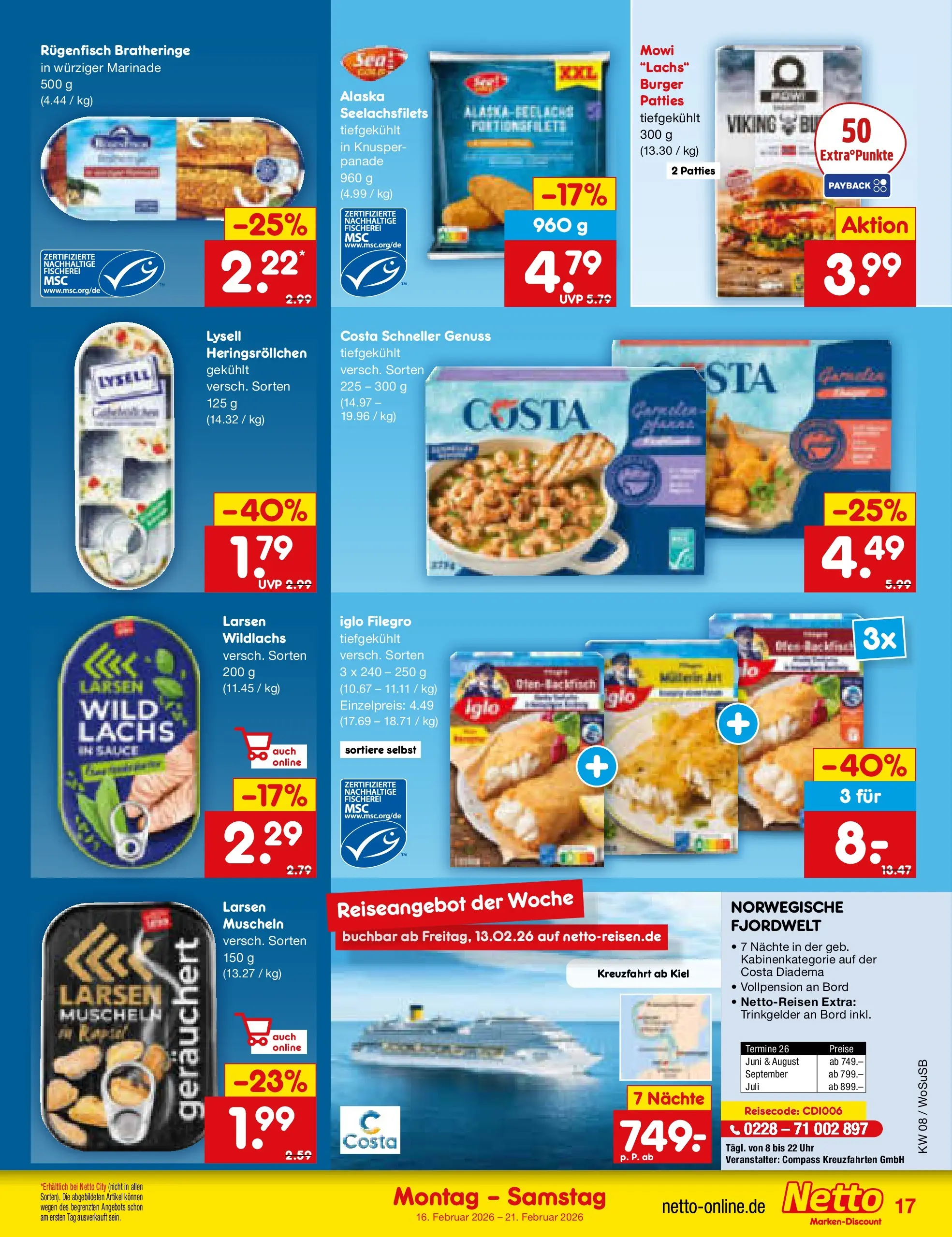 Netto Marken-Discount prospekt Mannheim	 (ab 16.02.2026) » Angebote | Seite: 19 | Produkte: Iglo, Burger, Lachs, Uhr