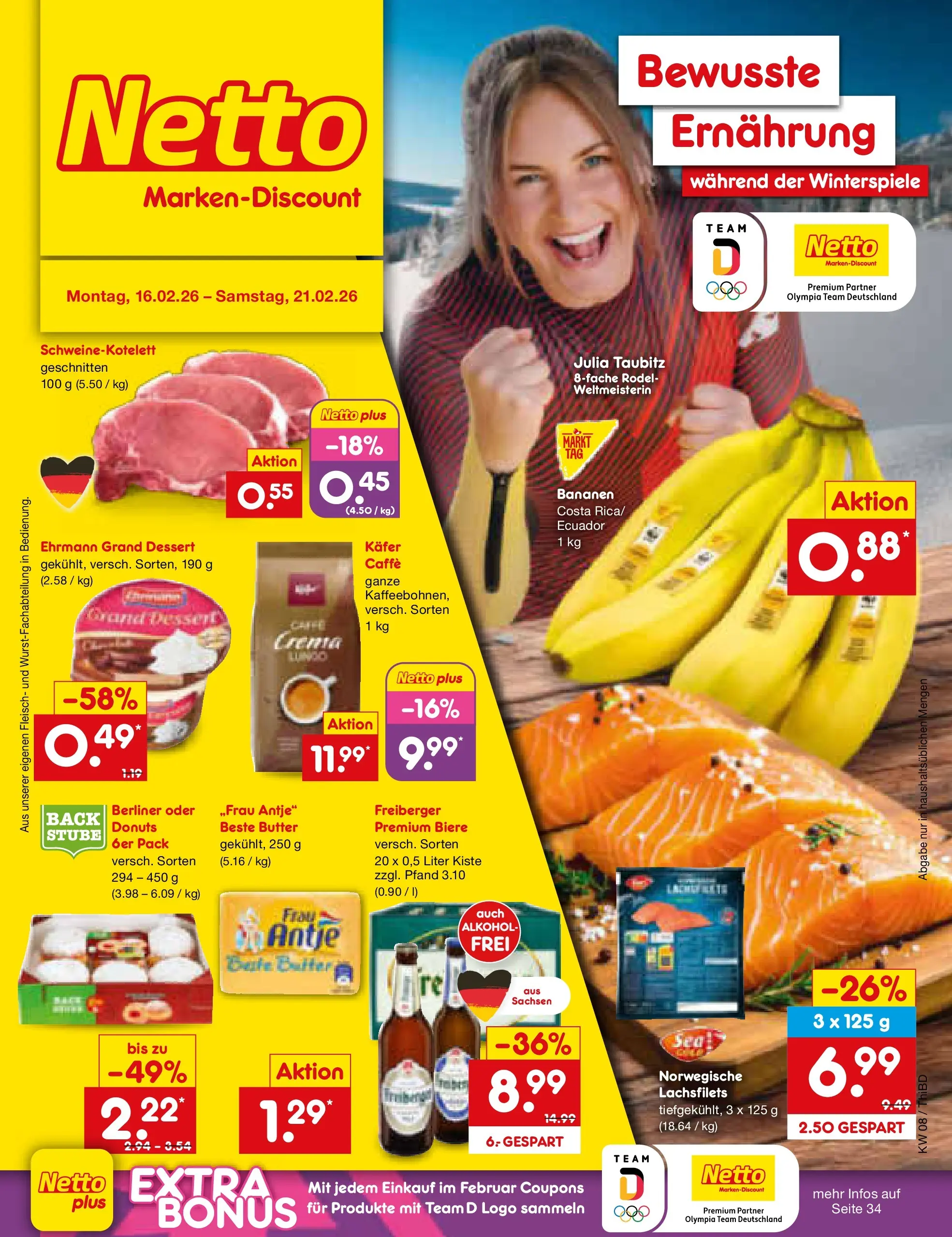 Netto Marken-Discount prospekt Thiendorf	 (ab 15.02.2026) » Angebote | Seite: 1 | Produkte: Berliner, Butter, Ehrmann grand dessert, Bananen