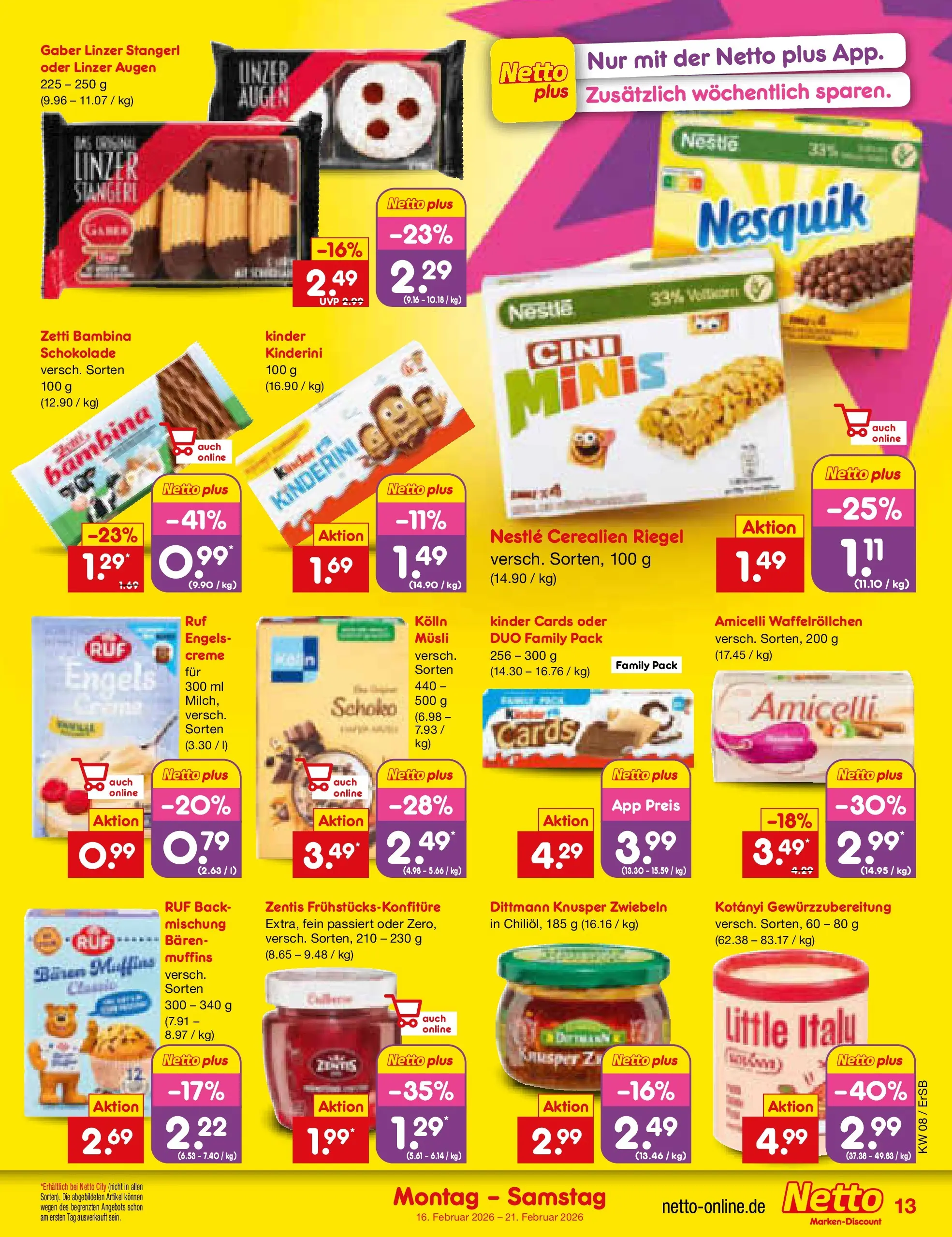 Netto Marken-Discount prospekt Nordhausen	 (ab 16.02.2026) » Angebote | Seite: 13 | Produkte: Musli, Kolln, Schokolade, Zwiebeln