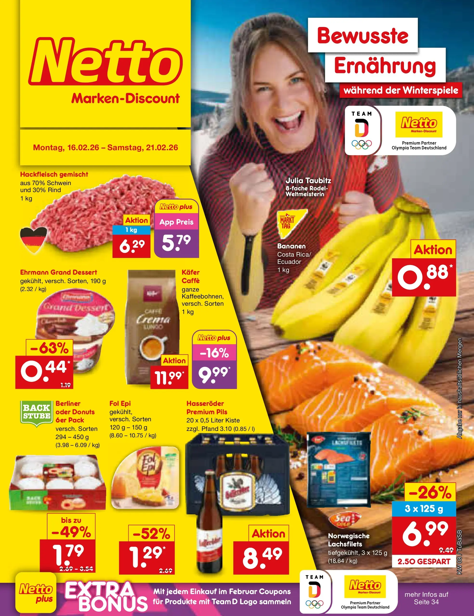Netto Marken-Discount prospekt Lahr-Langenwinkel	 (ab 15.02.2026) » Angebote | Seite: 1 | Produkte: Berliner, Ehrmann grand dessert, Donuts, Hackfleisch