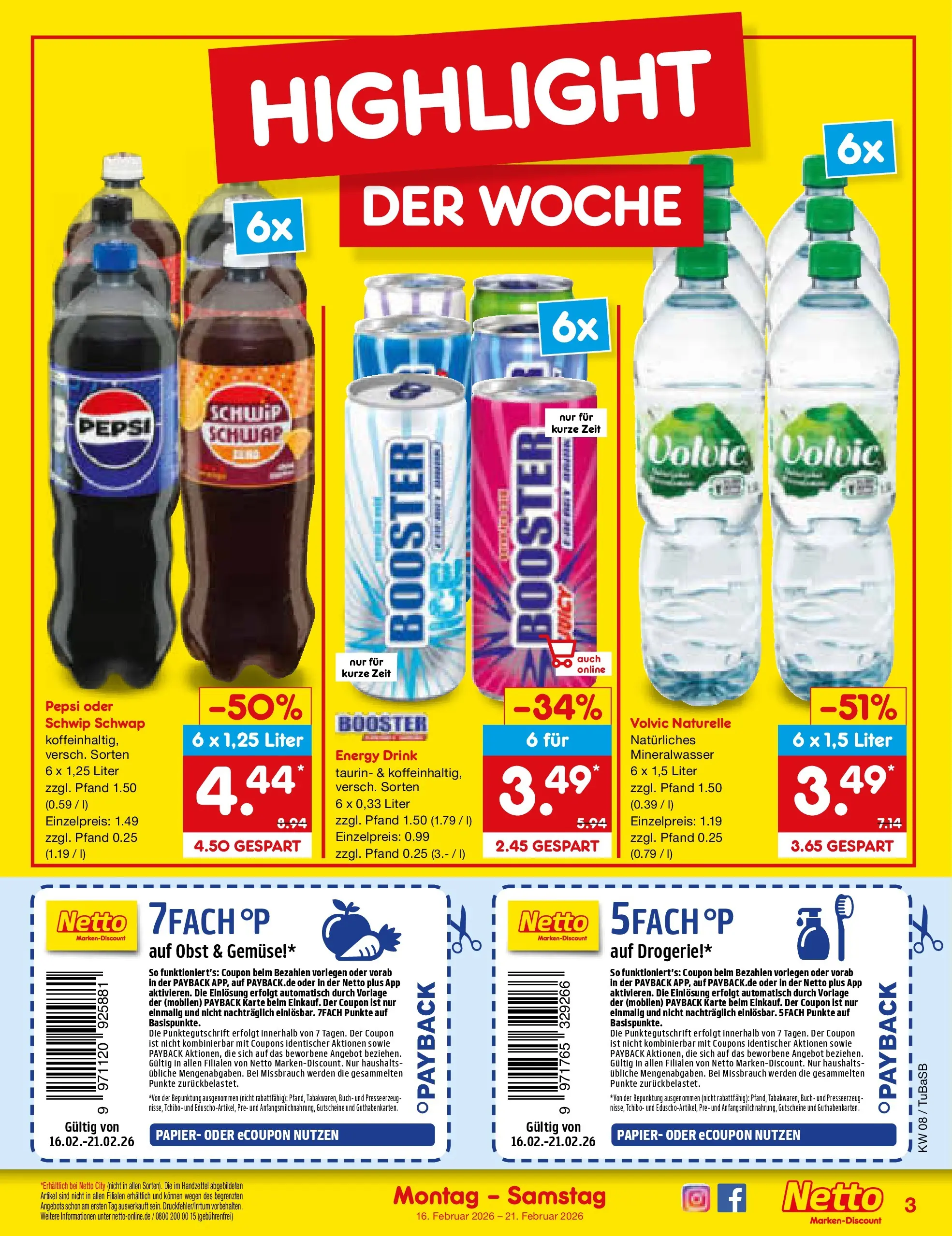 Netto Marken-Discount prospekt Lahr-Langenwinkel	 (ab 15.02.2026) » Angebote | Seite: 3 | Produkte: Schwip schwap, Mineralwasser, Pepsi, Volvic