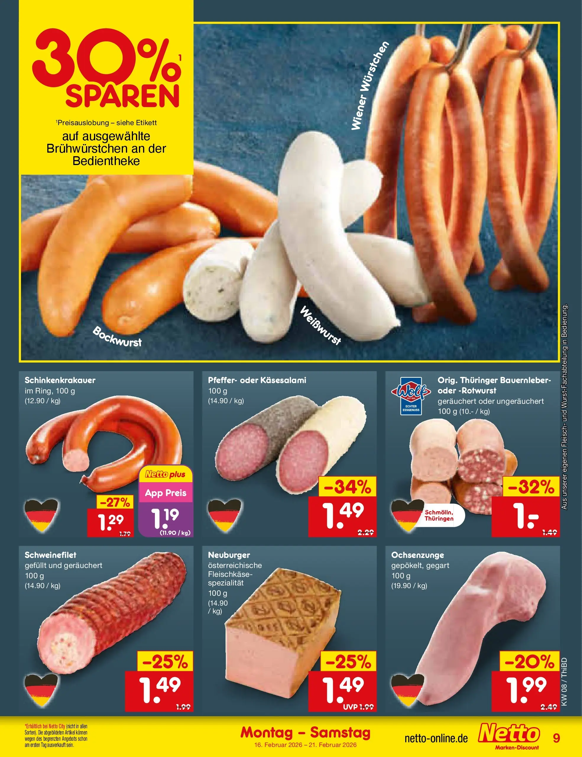 Netto Marken-Discount prospekt Thiendorf	 (ab 15.02.2026) » Angebote | Seite: 9 | Produkte: Weißwurst, Schweinefilet, Pfeffer, Fleisch