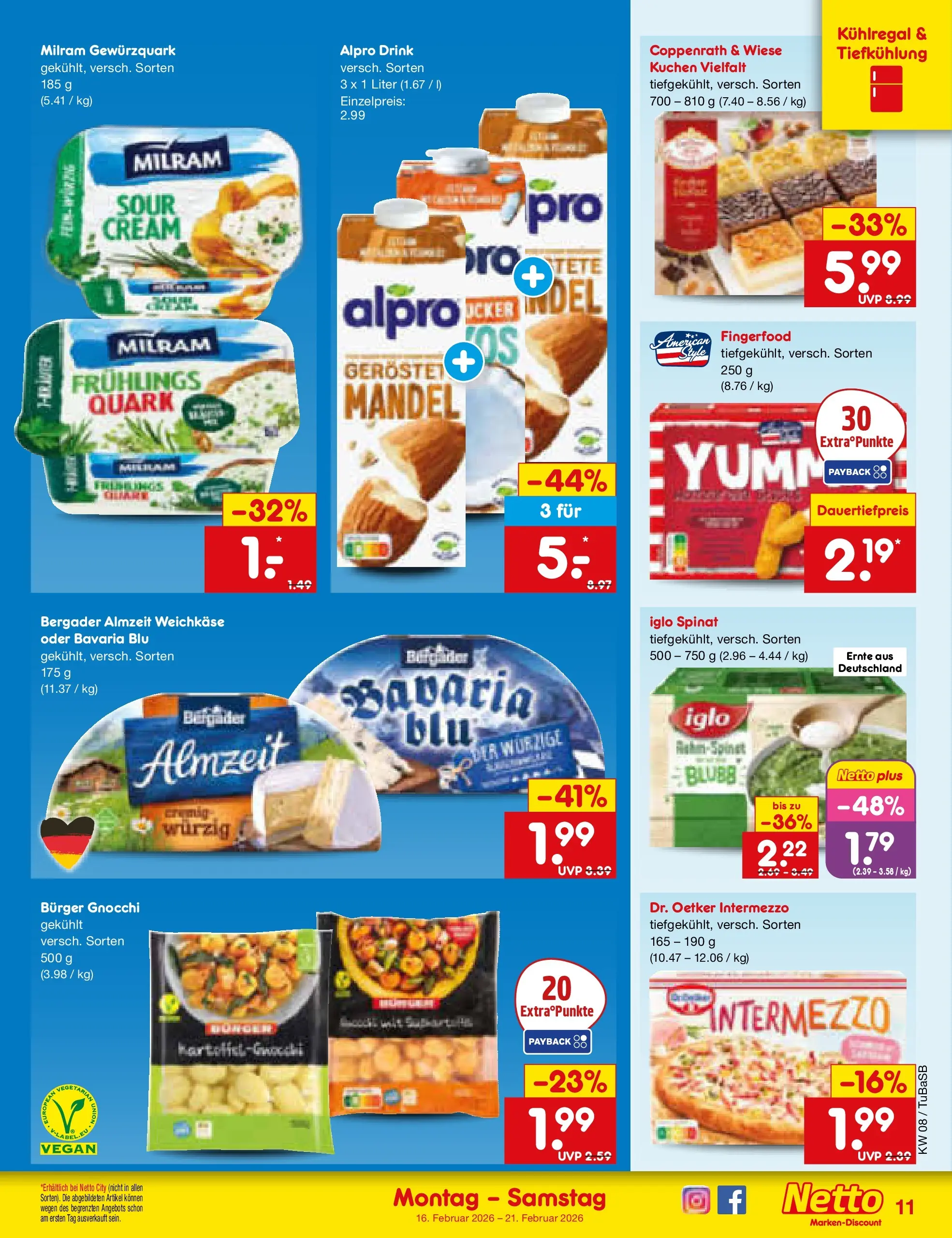 Netto Marken-Discount prospekt Lahr-Langenwinkel	 (ab 15.02.2026) » Angebote | Seite: 11 | Produkte: Quark, Iglo, Burger, Alpro