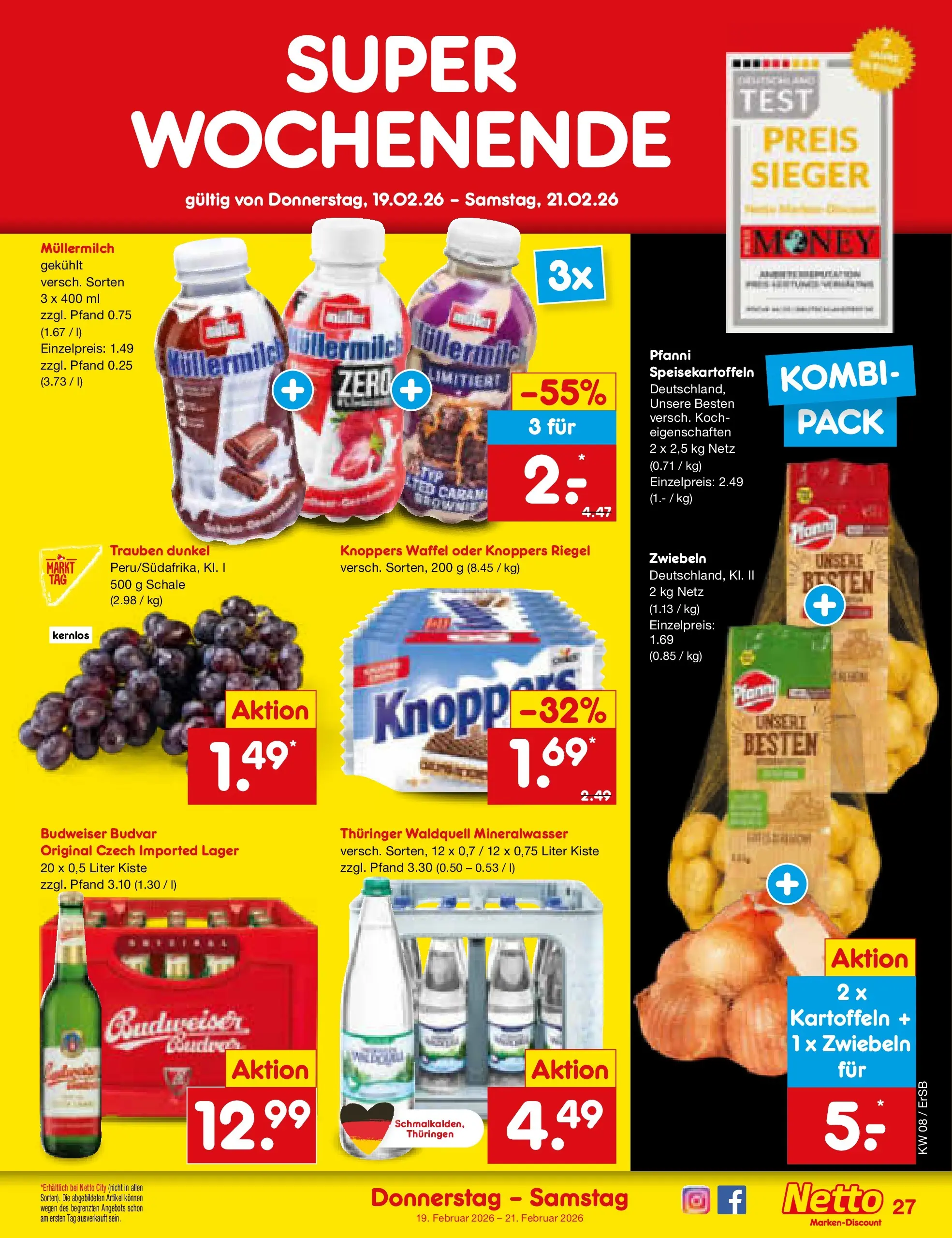 Netto Marken-Discount prospekt Nordhausen	 (ab 16.02.2026) » Angebote | Seite: 41 | Produkte: Kartoffeln, Knoppers, Müllermilch, Budweiser