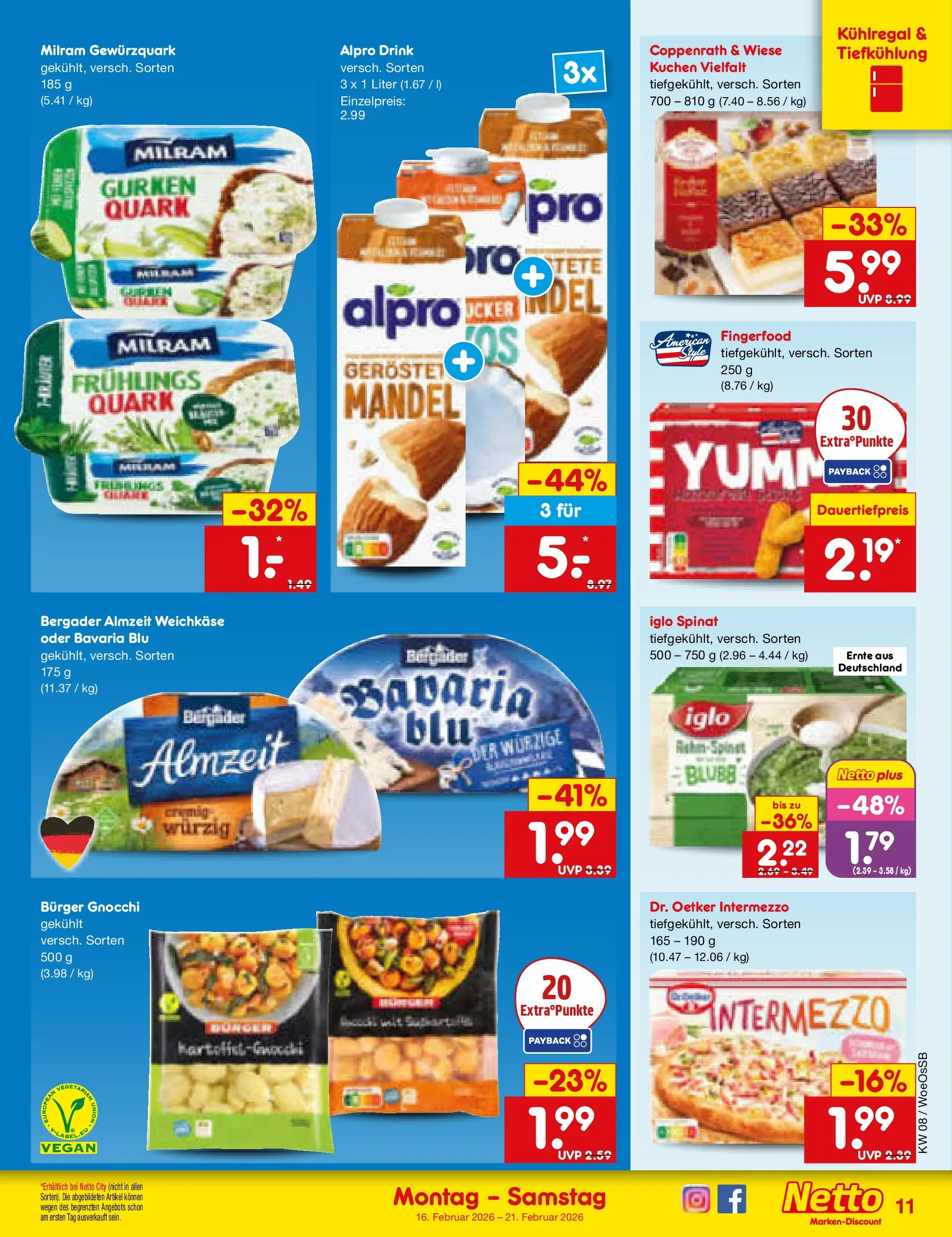 Netto Marken-Discount prospekt Gemmingen	 (ab 15.02.2026) » Angebote | Seite: 11 | Produkte: Quark, Iglo, Milram, Kuchen