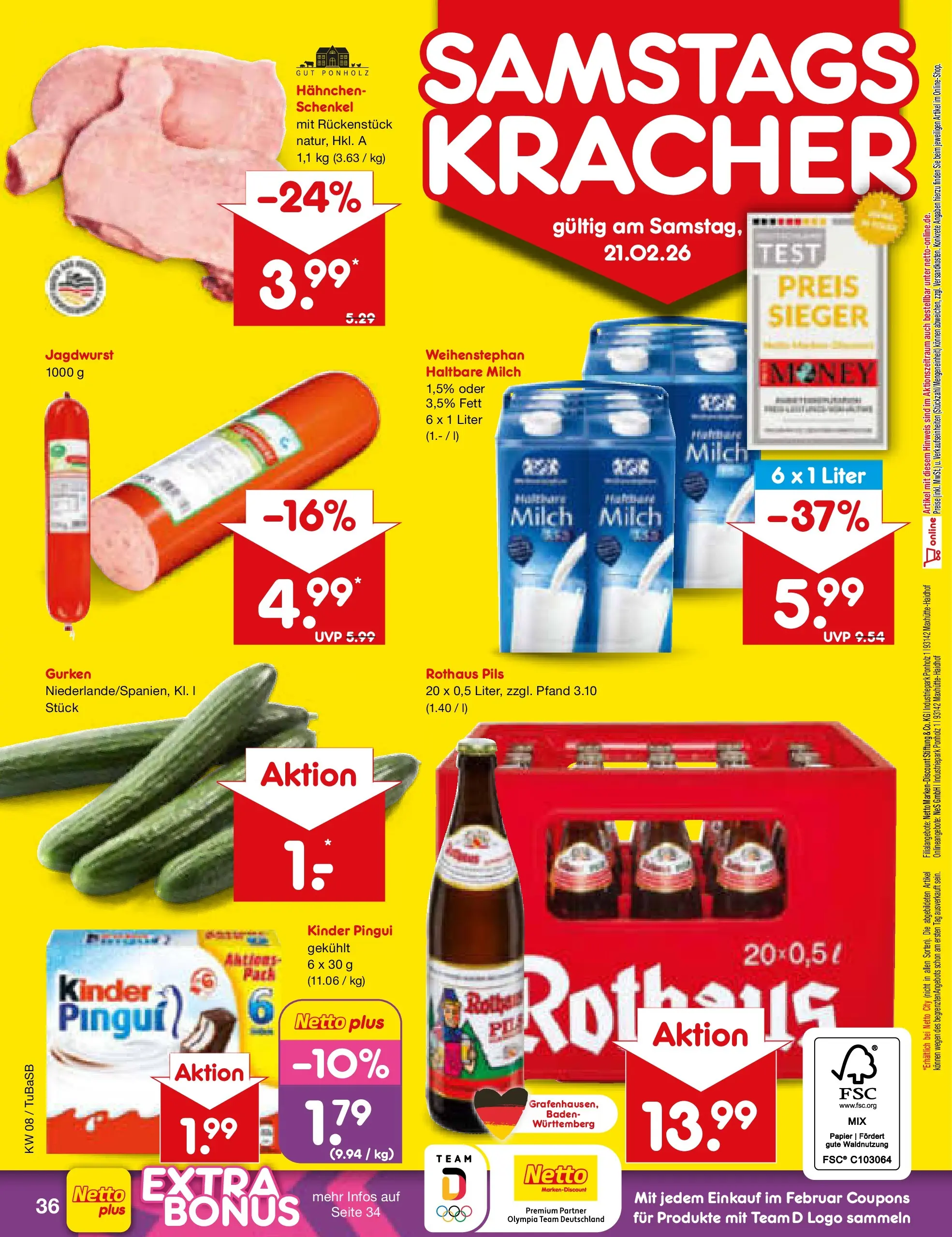 Netto Marken-Discount prospekt Lahr-Langenwinkel	 (ab 15.02.2026) » Angebote | Seite: 50 | Produkte: Hahnchen, Haltbare milch, Pils, Gurken