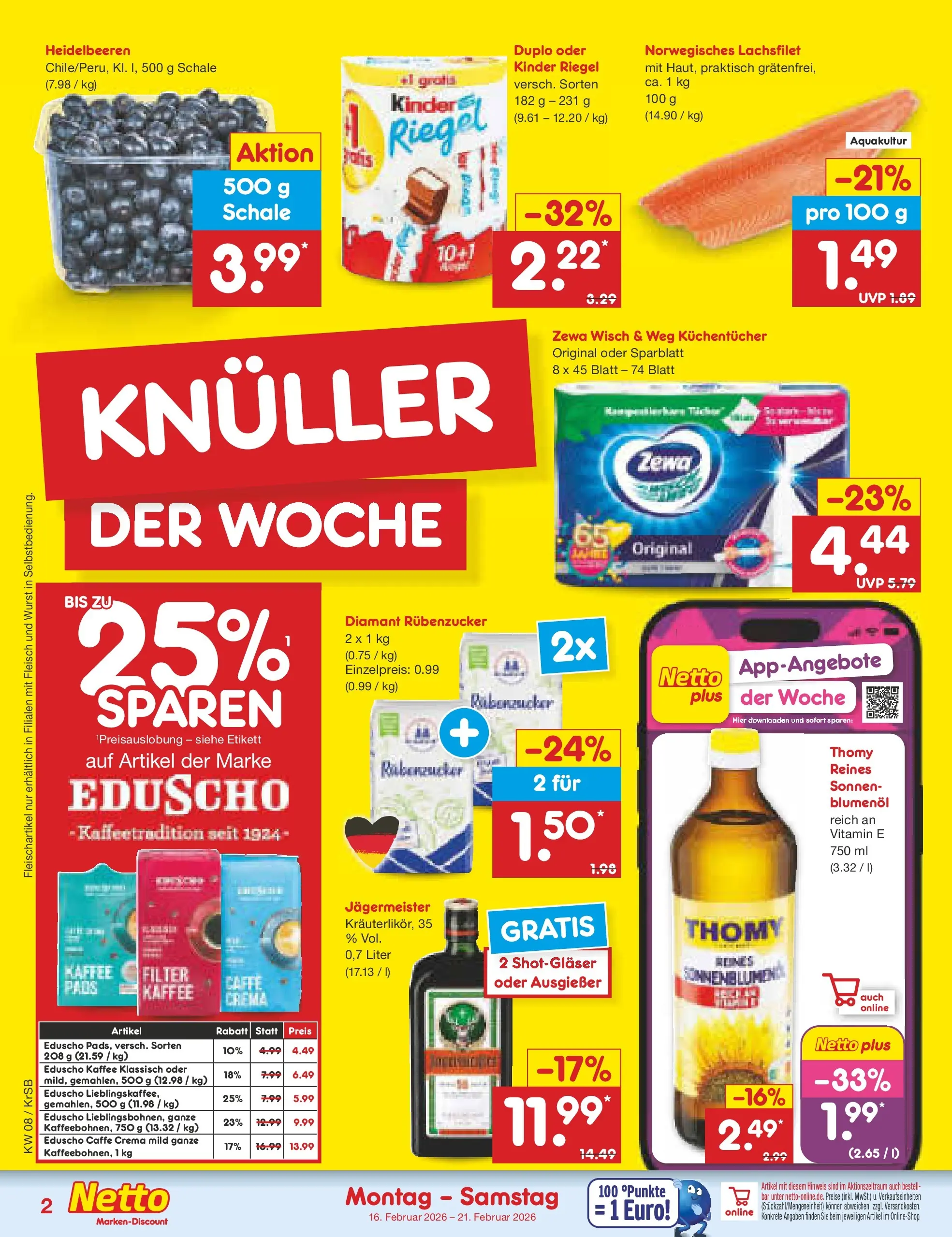 Netto Marken-Discount prospekt Jüchen	 (ab 16.02.2026) » Angebote | Seite: 2 | Produkte: Kinder riegel, Jägermeister, Fleisch, Eduscho