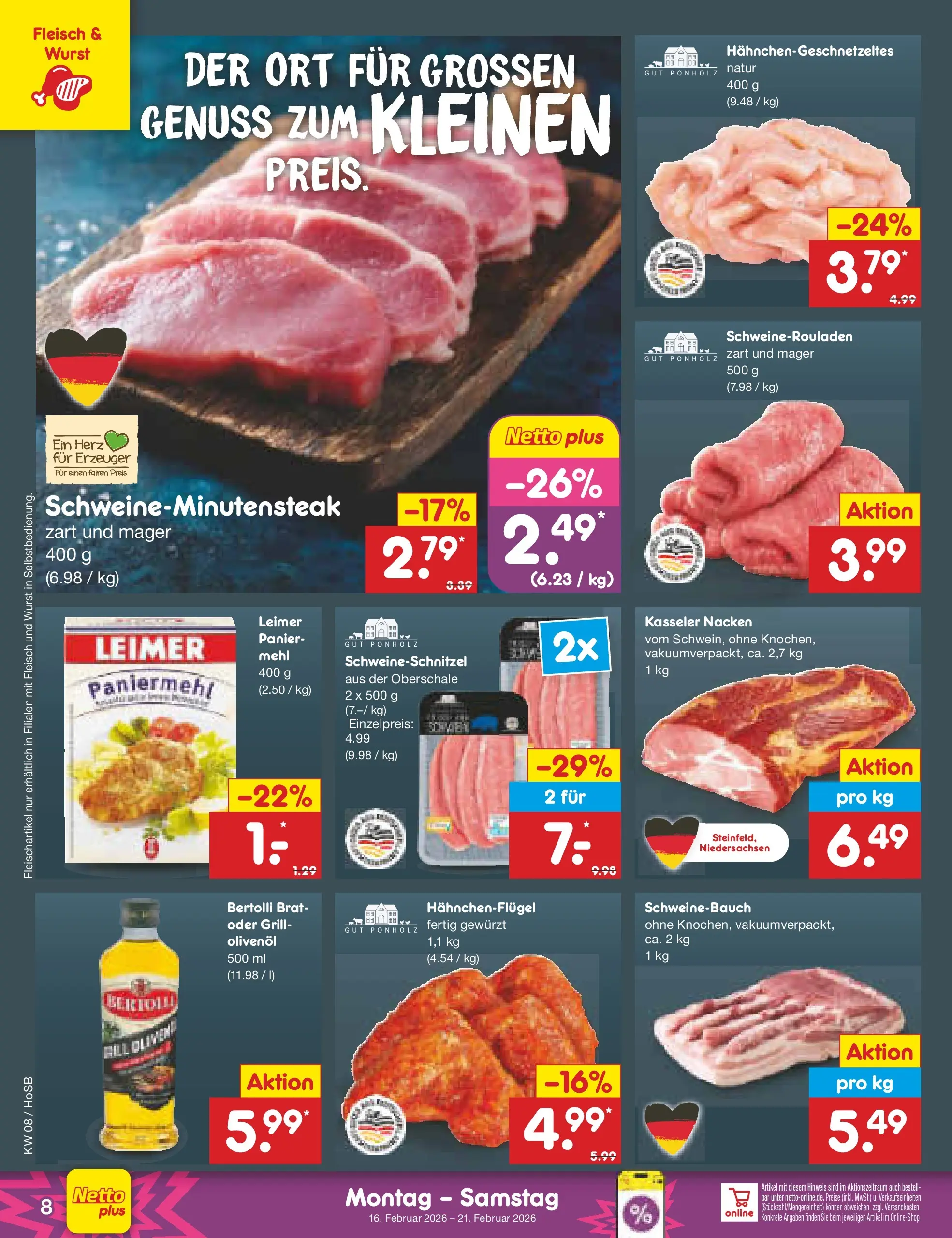 Netto Marken-Discount prospekt Hannover	 (ab 16.02.2026) » Angebote | Seite: 8 | Produkte: Grill, Mehl, Schweinebauch, Fleisch