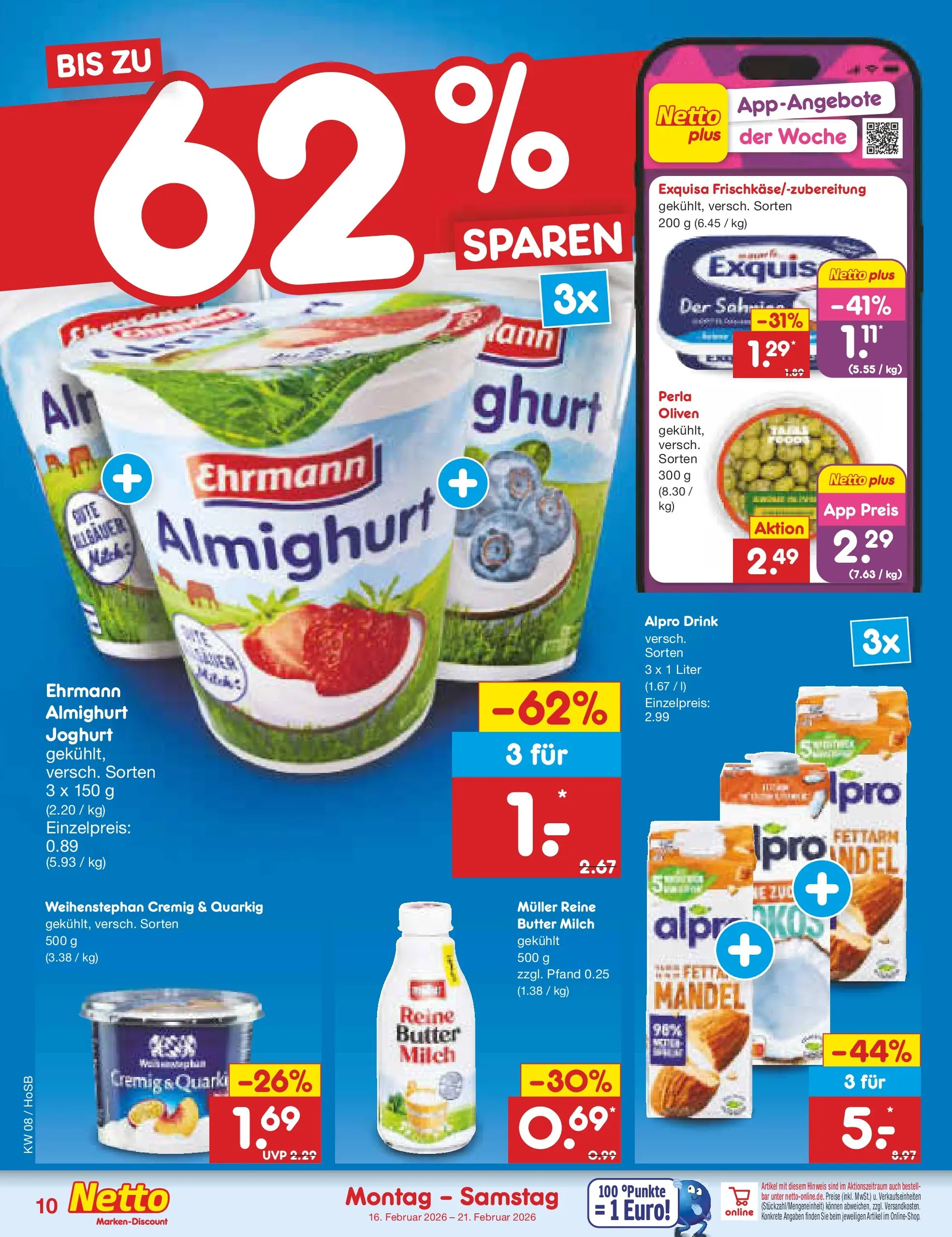 Netto Marken-Discount prospekt Hannover	 (ab 16.02.2026) » Angebote | Seite: 10 | Produkte: Milch, Butter, Joghurt, Exquisa
