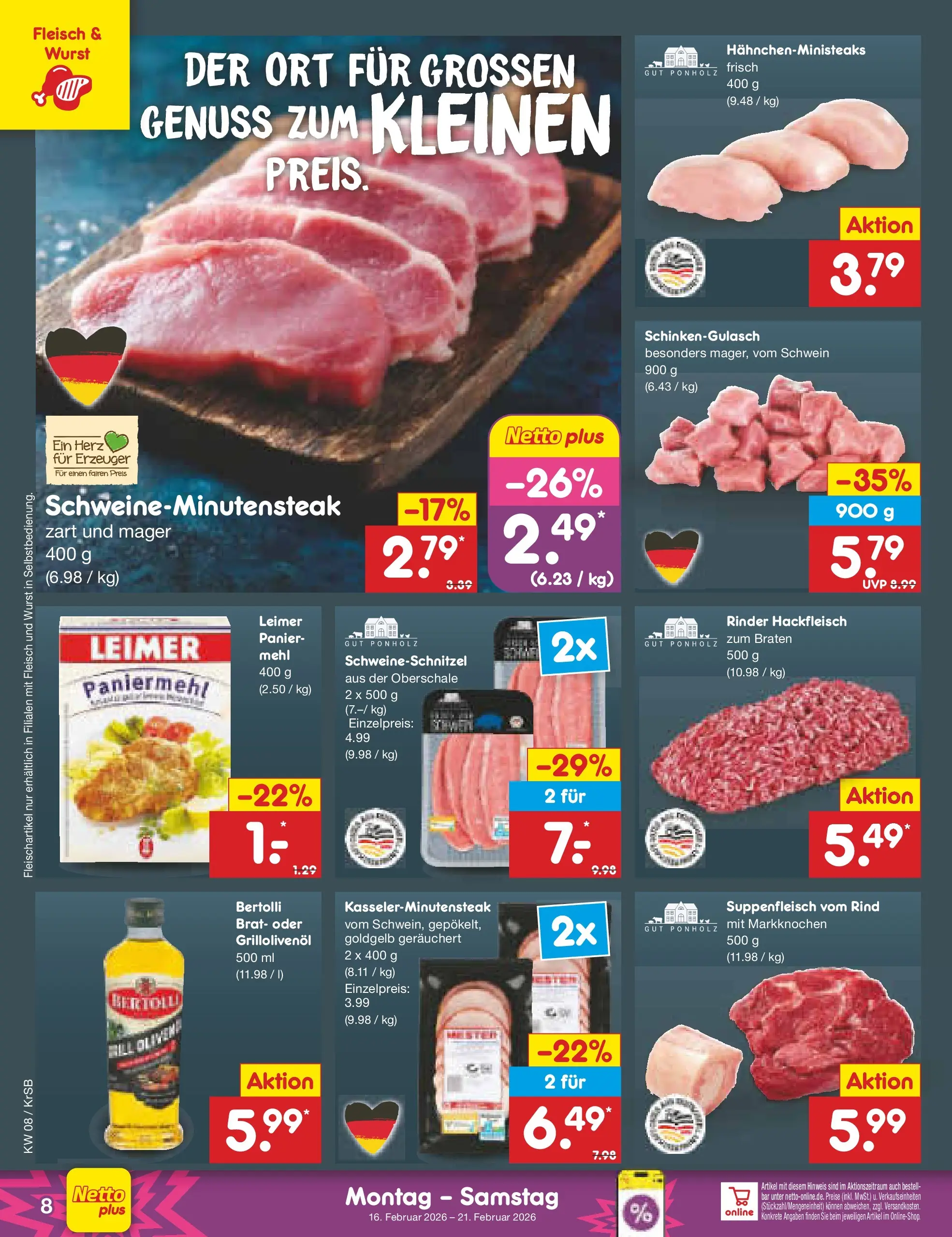 Netto Marken-Discount prospekt Jüchen	 (ab 16.02.2026) » Angebote | Seite: 8 | Produkte: Mehl, Suppenfleisch, Wurst, Hackfleisch