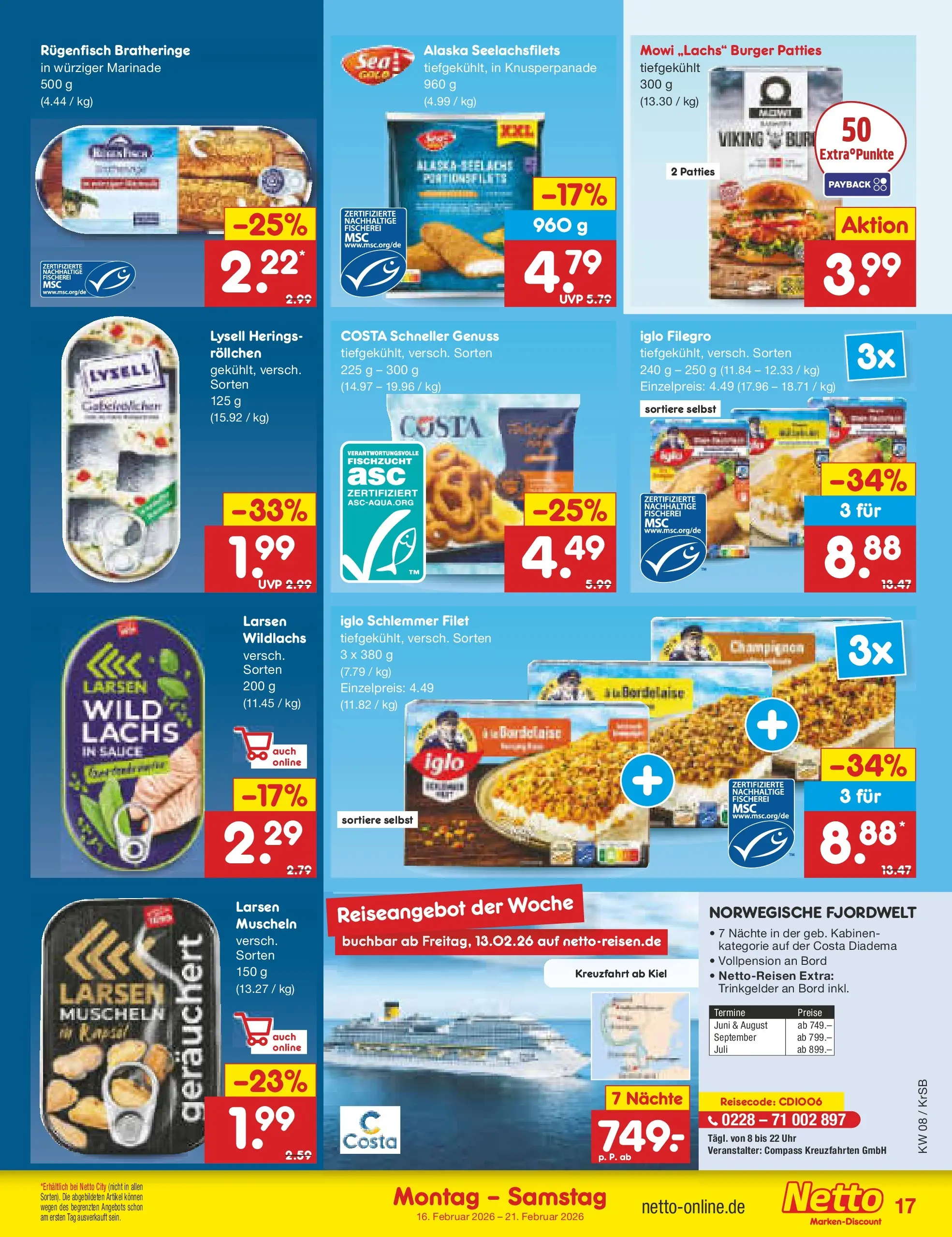 Netto Marken-Discount prospekt Jüchen	 (ab 16.02.2026) » Angebote | Seite: 19 | Produkte: Iglo, Burger, Lachs, Uhr