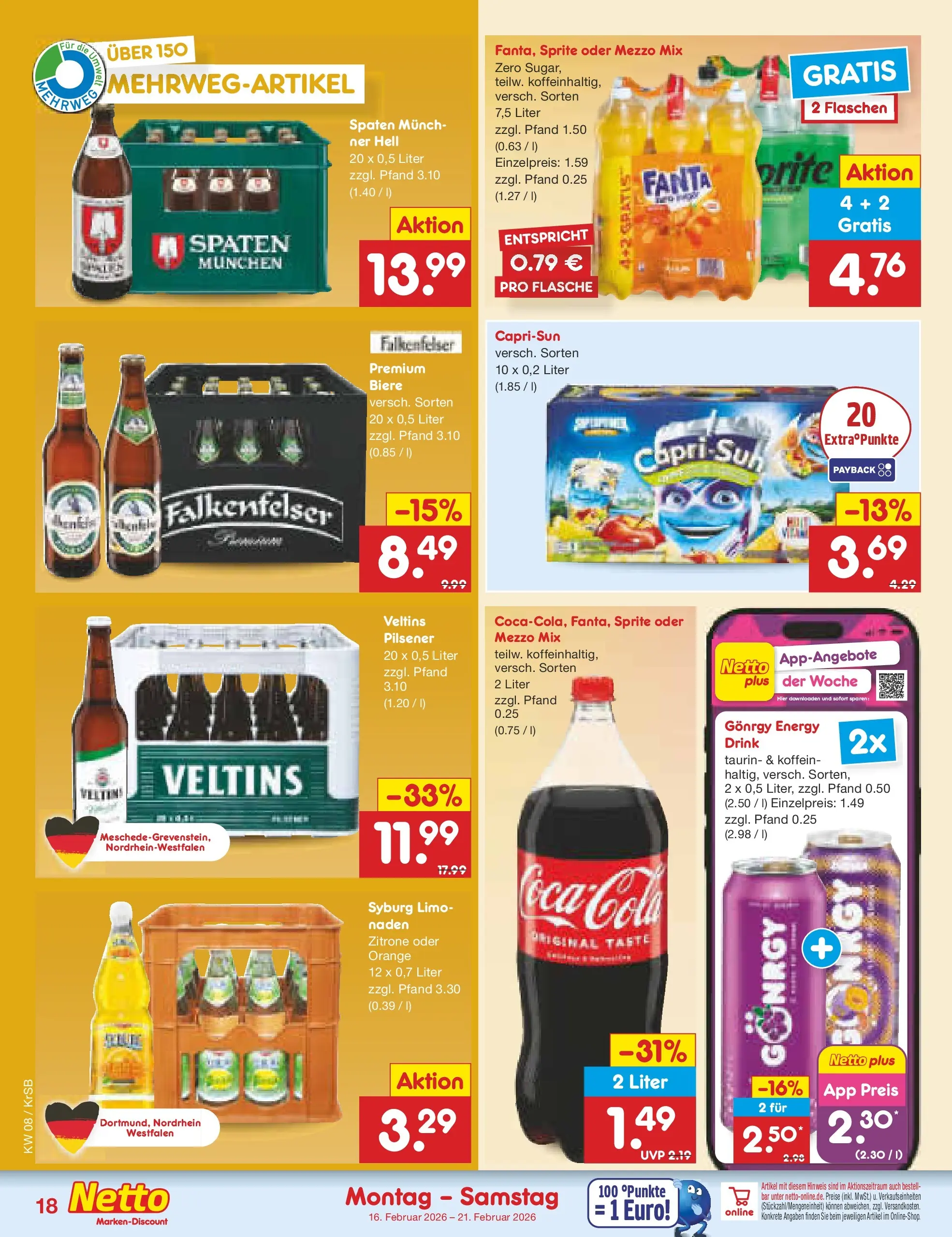 Netto Marken-Discount prospekt Jüchen	 (ab 16.02.2026) » Angebote | Seite: 22 | Produkte: Fanta, Sprite, Energy, Veltins