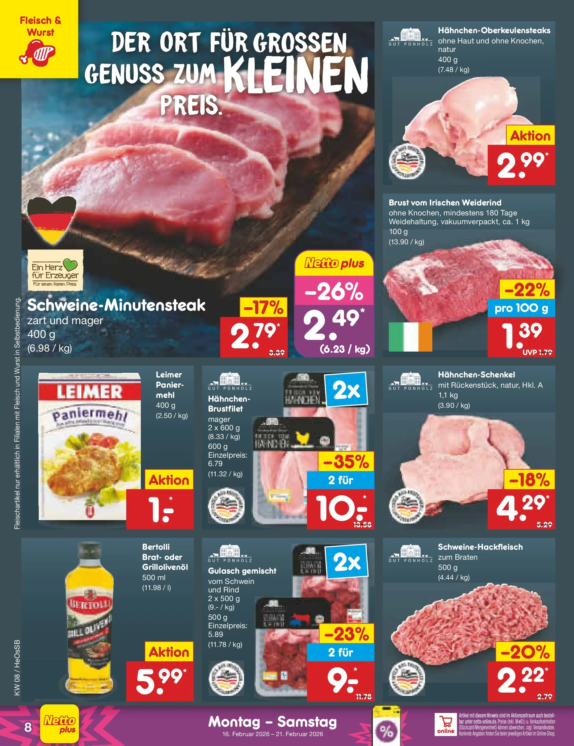 Netto Marken-Discount prospekt Kröpelin	 (ab 16.02.2026) » Angebote | Seite: 8 | Produkte: Hahnchen, Mehl, Gulasch, Wurst