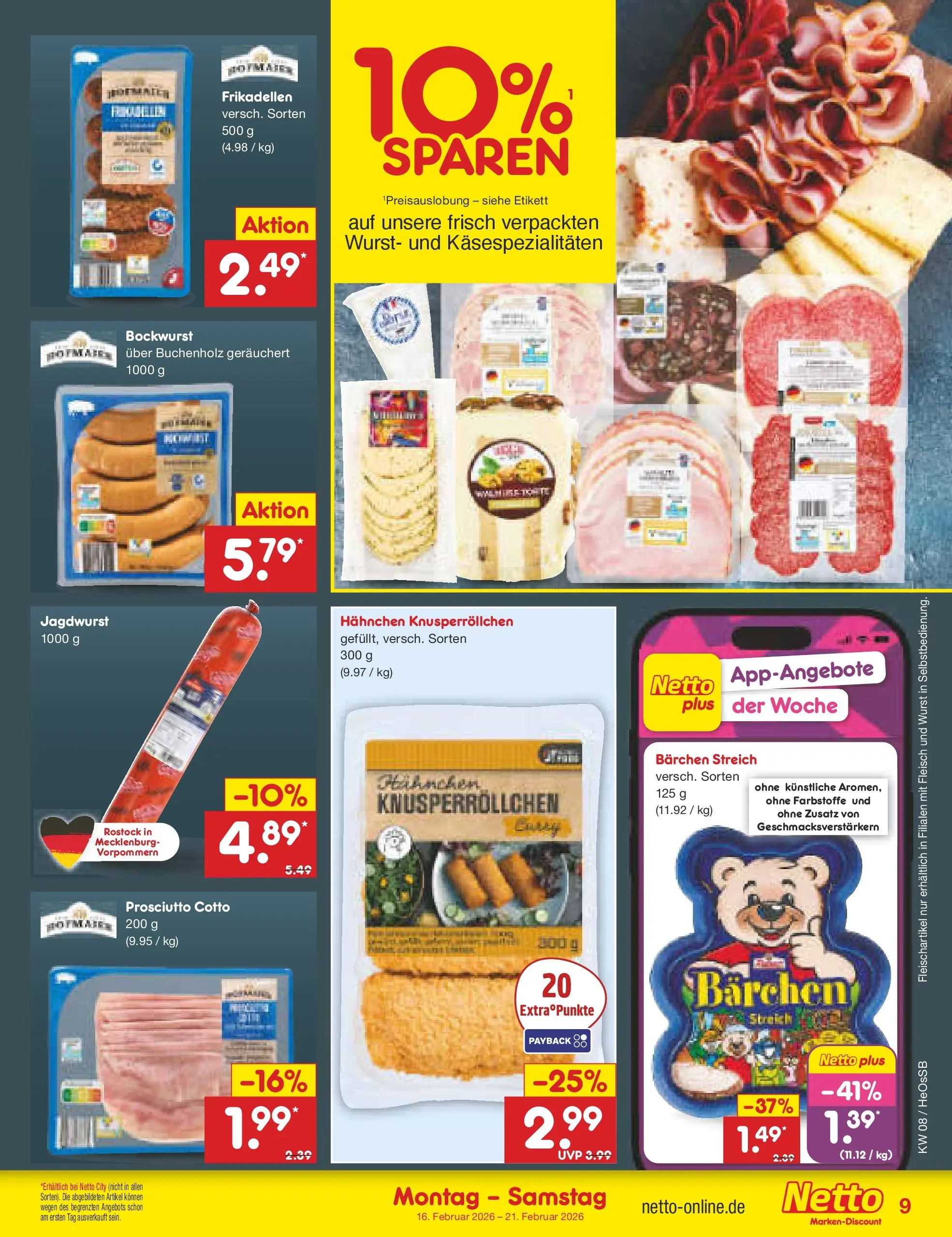 Netto Marken-Discount prospekt Kröpelin	 (ab 16.02.2026) » Angebote | Seite: 9 | Produkte: Bockwurst, Hahnchen, Wurst, Fleisch