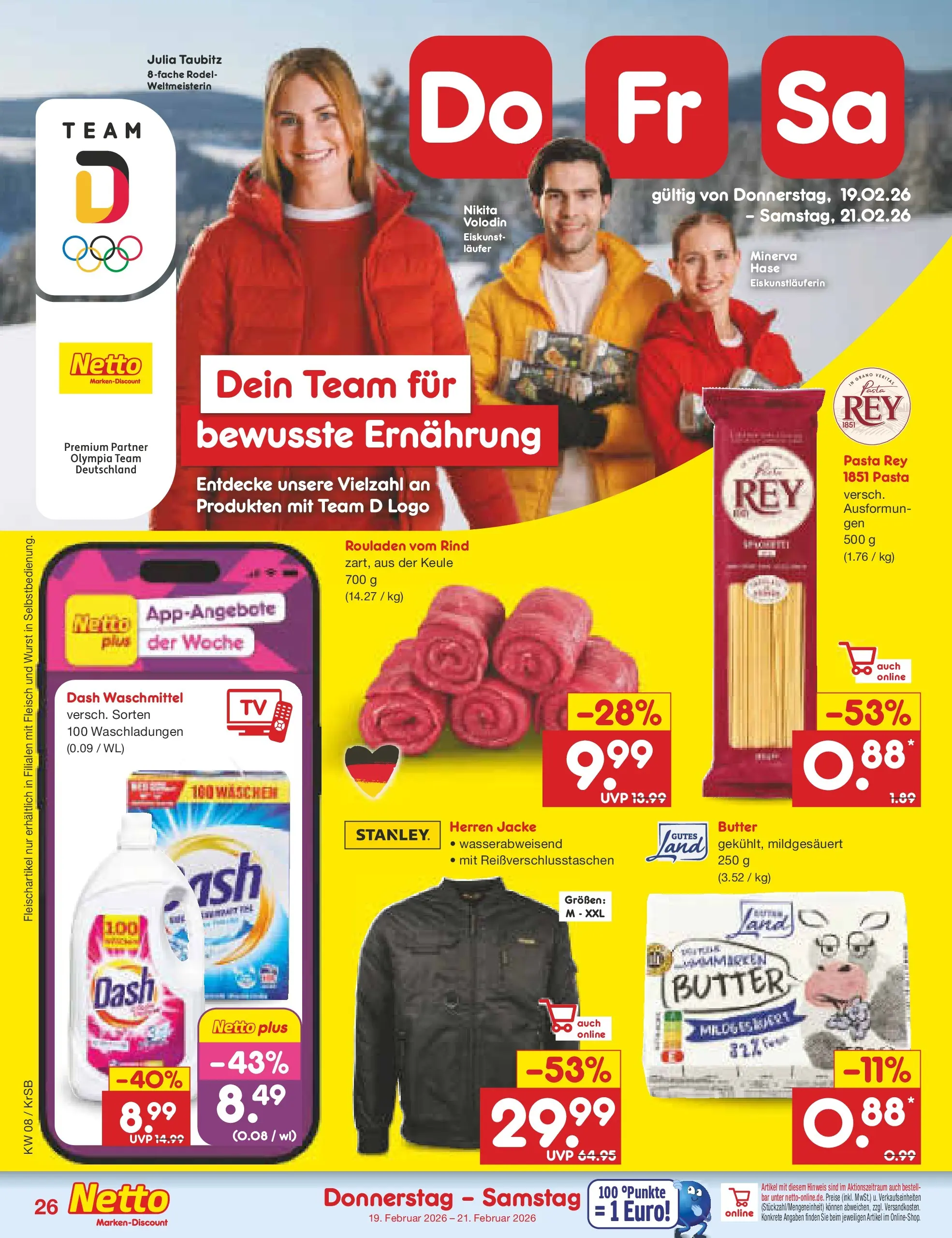 Netto Marken-Discount prospekt Jüchen	 (ab 16.02.2026) » Angebote | Seite: 40 | Produkte: Butter, Wurst, Pasta, TV