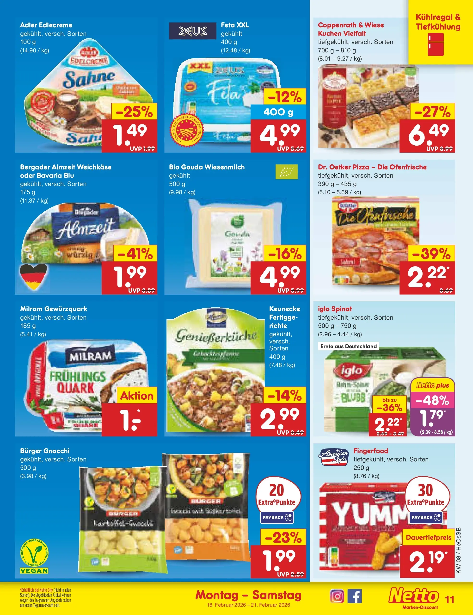 Netto Marken-Discount prospekt Kröpelin	 (ab 16.02.2026) » Angebote | Seite: 11 | Produkte: Feta, Ofenfrische, Milram, Kuchen