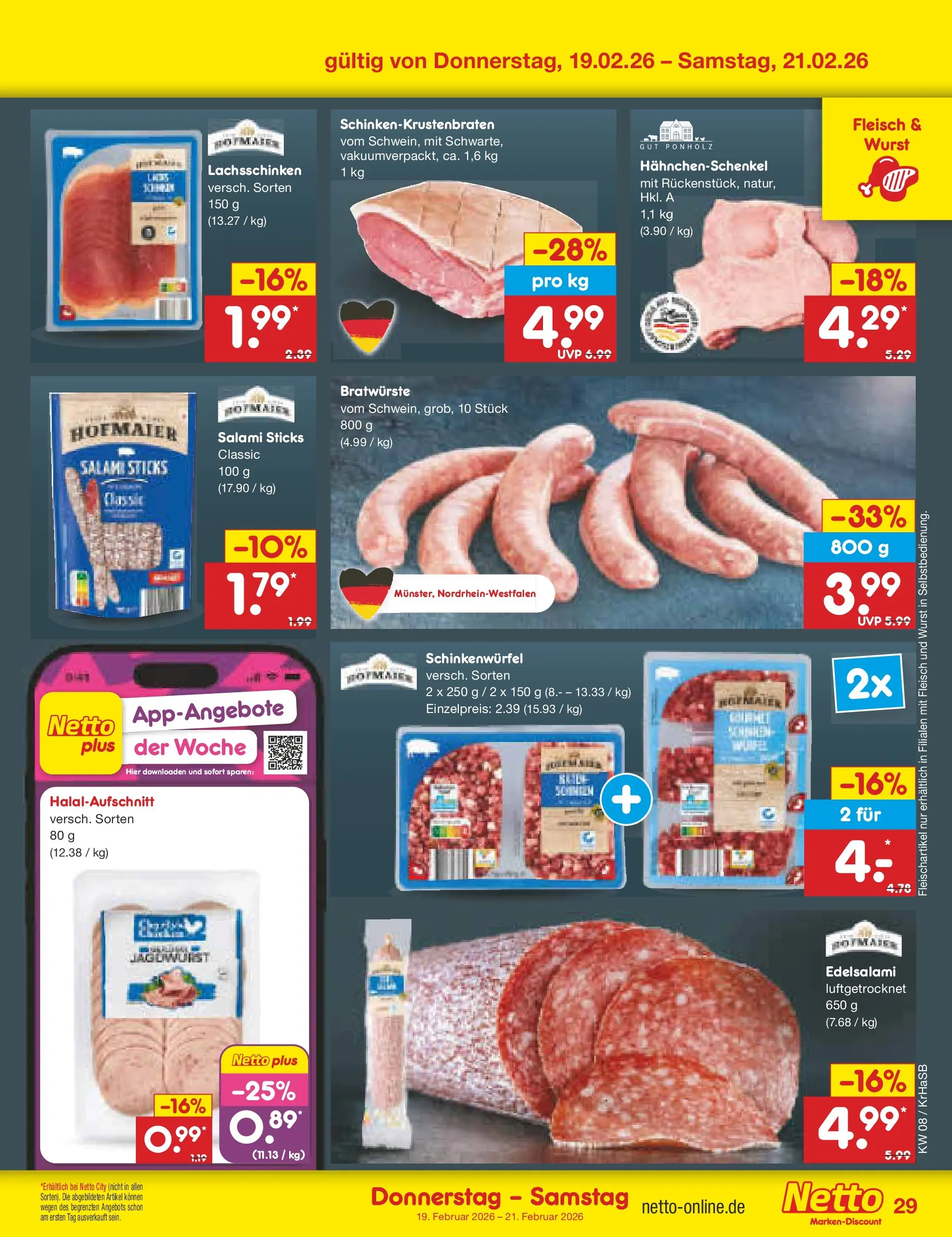 Netto Marken-Discount prospekt Wuppertal	 (ab 16.02.2026) » Angebote | Seite: 43 | Produkte: Hahnchenschenkel, Wurst, Salami, Fleisch