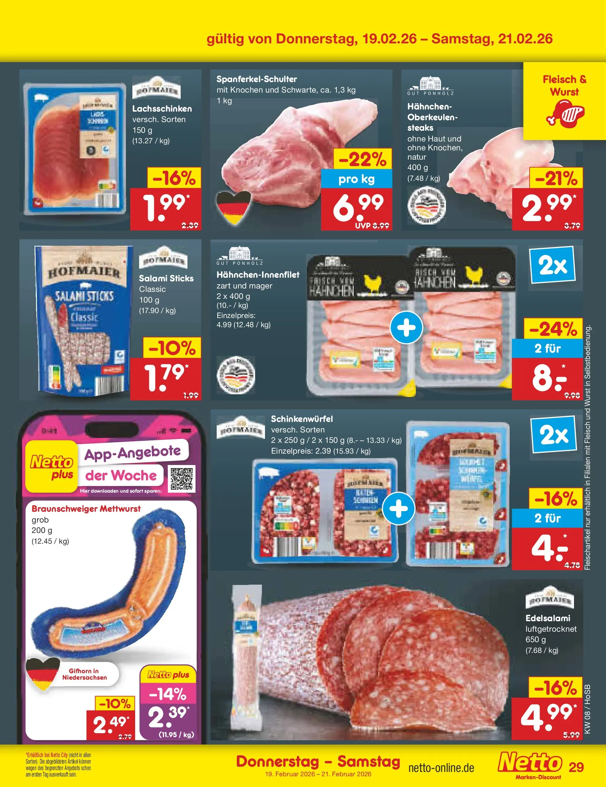 Netto Marken-Discount prospekt Hannover	 (ab 16.02.2026) » Angebote | Seite: 43 | Produkte: Hahnchen, Wurst, Salami, Fleisch