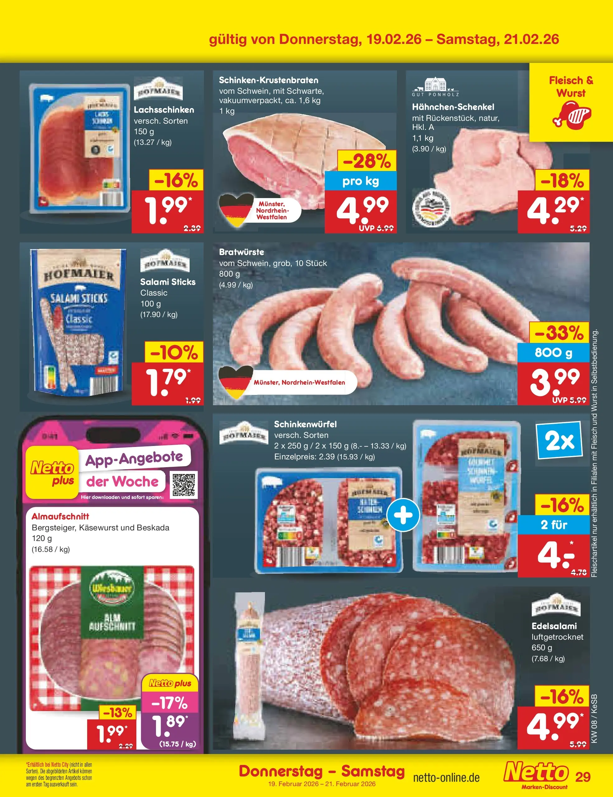 Netto Marken-Discount prospekt Kruft	 (ab 15.02.2026) » Angebote | Seite: 43 | Produkte: Hahnchenschenkel, Wurst, Salami, Fleisch