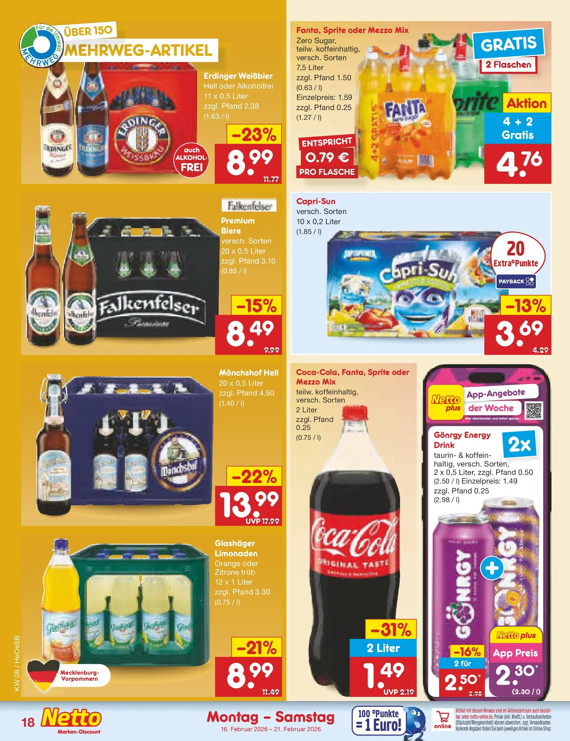 Netto Marken-Discount prospekt Kröpelin	 (ab 16.02.2026) » Angebote | Seite: 22 | Produkte: Coca cola, Sprite, Cola, Energy