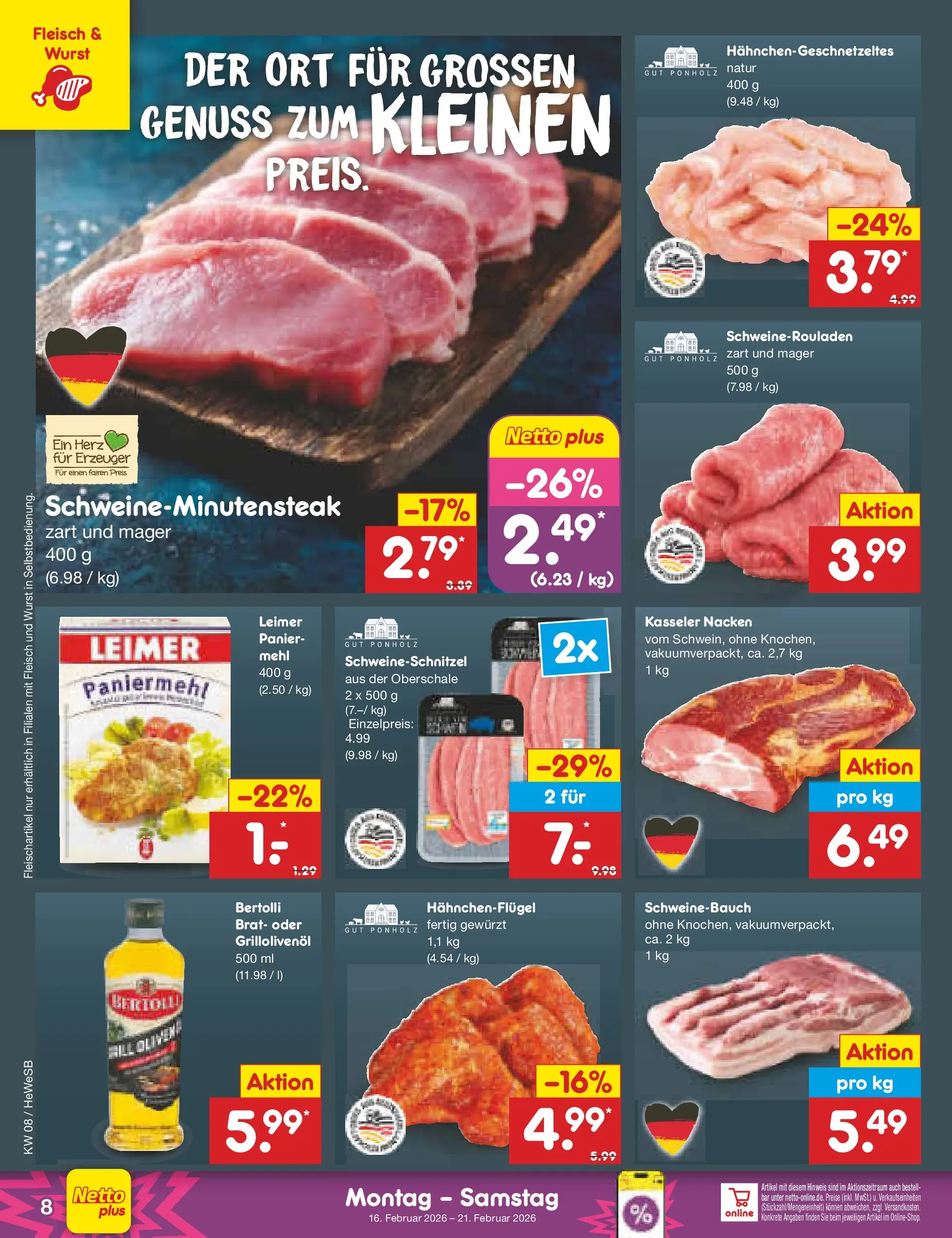 Netto Marken-Discount prospekt Hamburg	 (ab 15.02.2026) » Angebote | Seite: 8 | Produkte: Schweinebauch, Kasseler nacken, Wurst, Fleisch