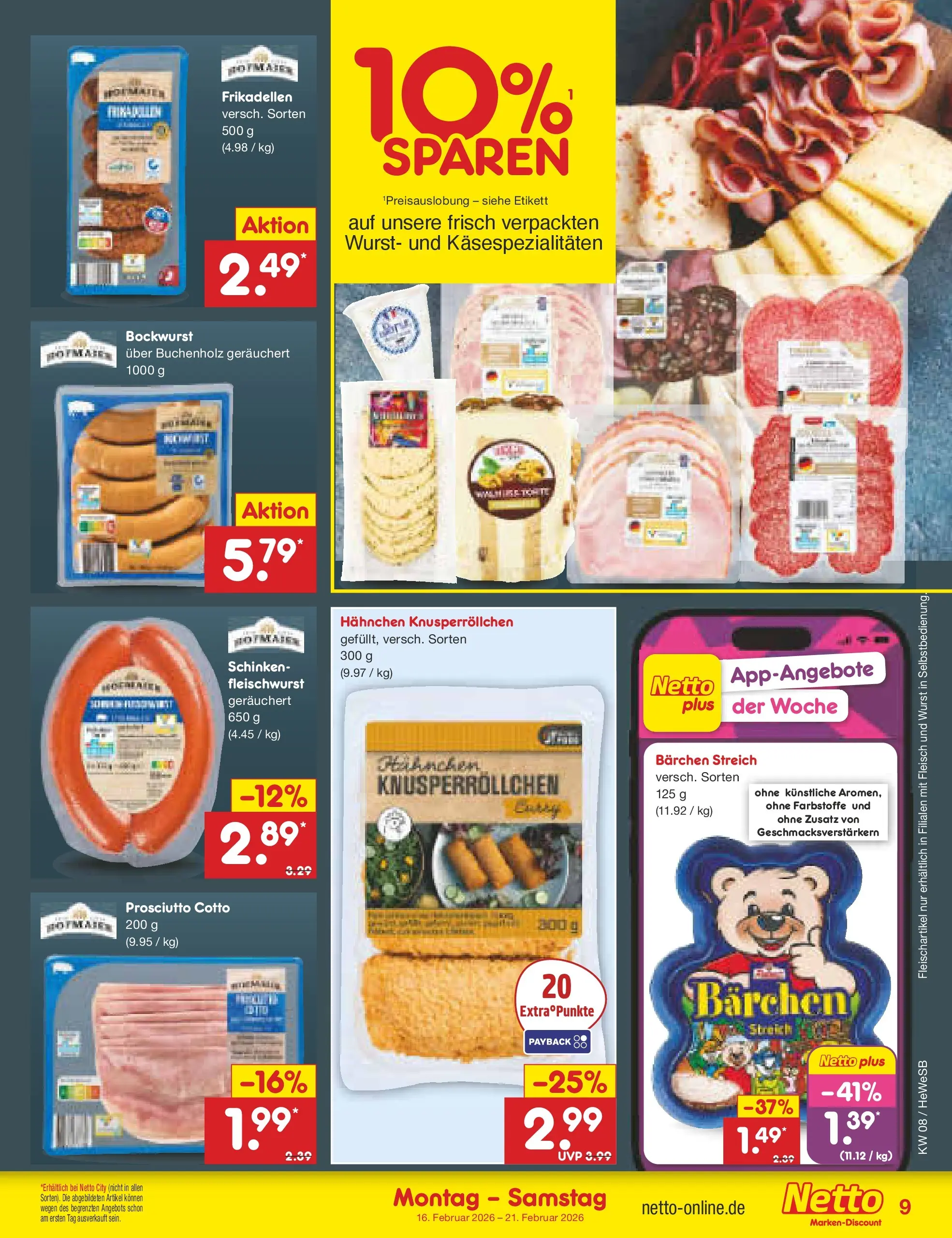 Netto Marken-Discount prospekt Hamburg	 (ab 15.02.2026) » Angebote | Seite: 9 | Produkte: Bockwurst, Hahnchen, Schinken, Fleisch