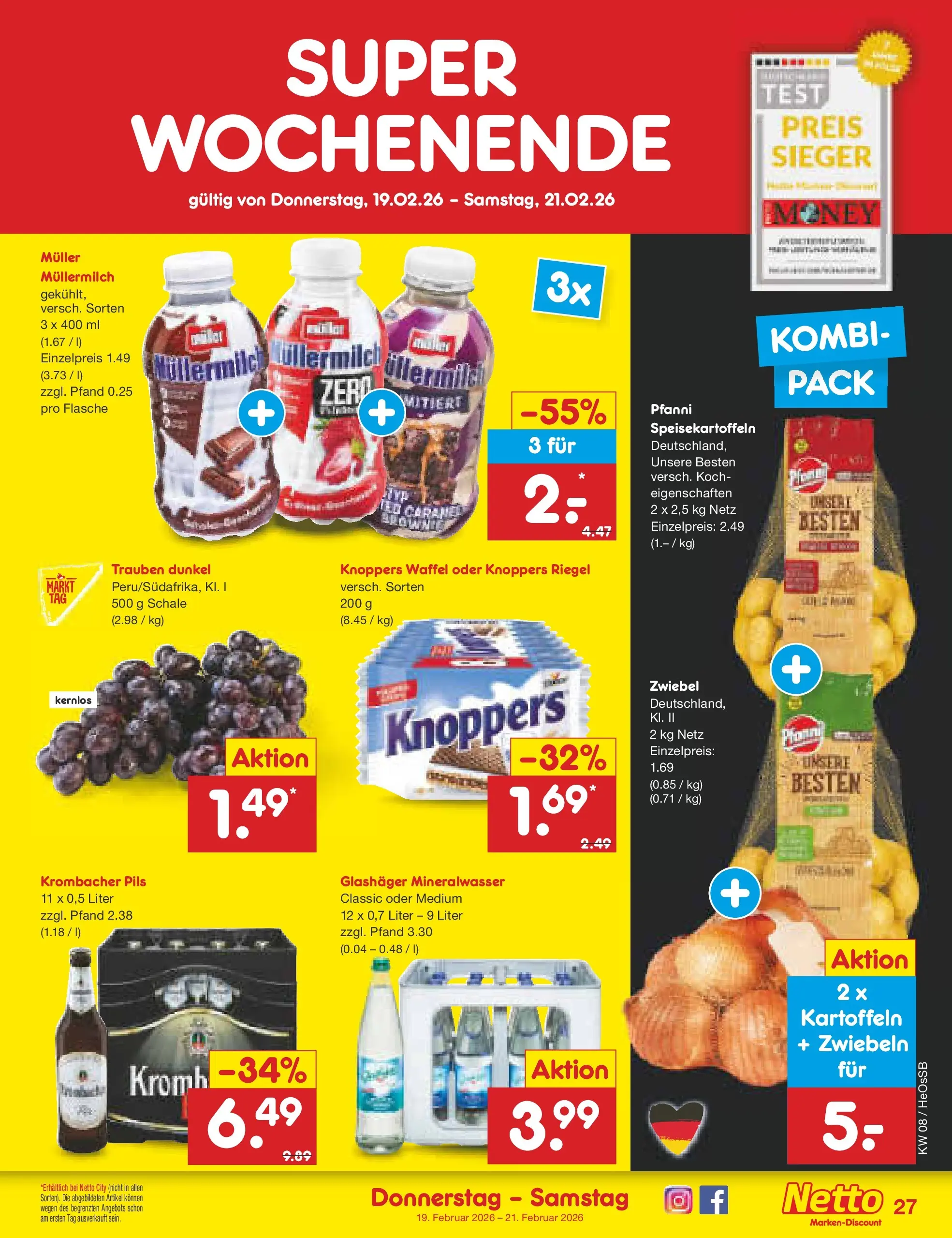 Netto Marken-Discount prospekt Kröpelin	 (ab 16.02.2026) » Angebote | Seite: 33 | Produkte: Pils, Knoppers, Müllermilch, Muller mullermilch