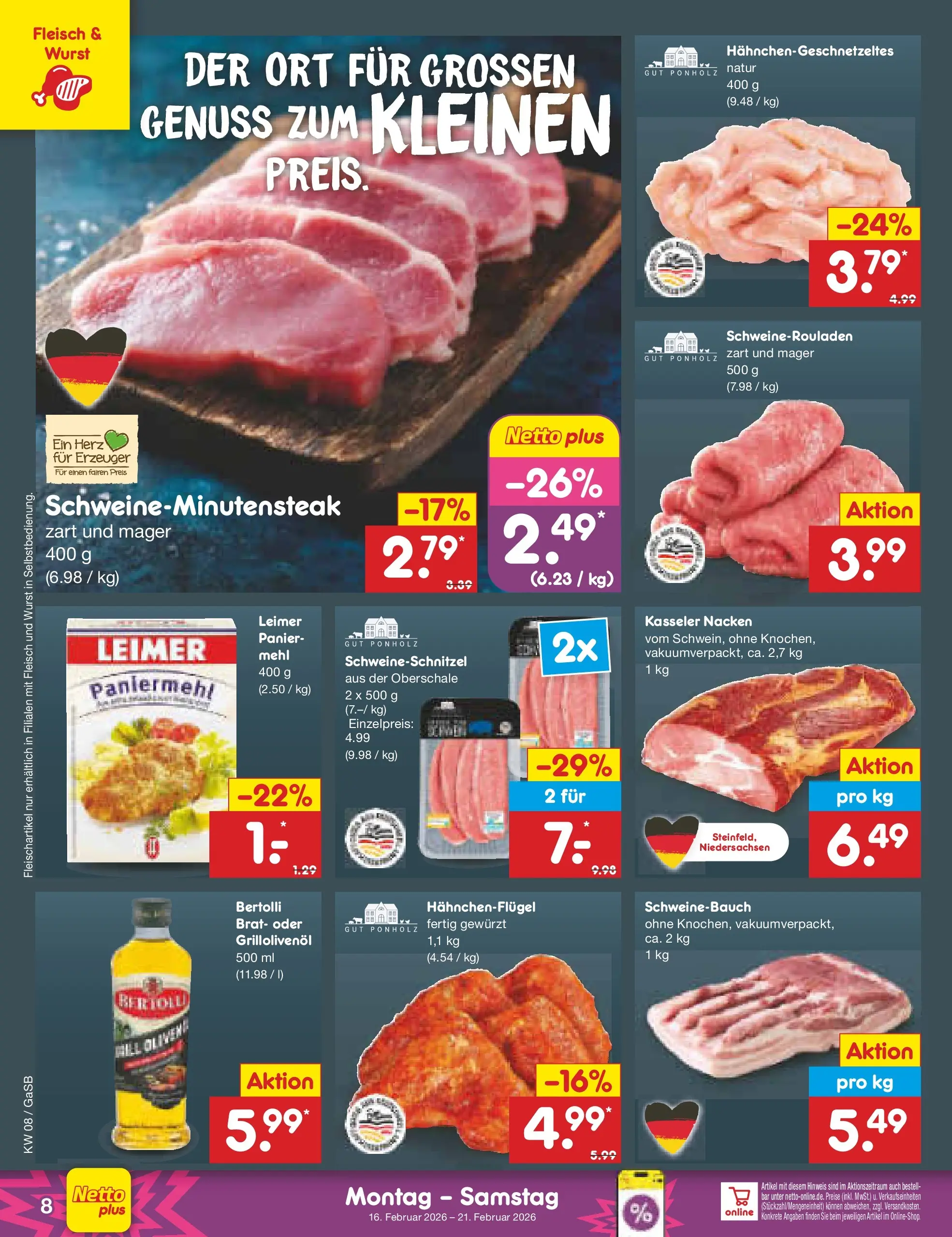 Netto Marken-Discount prospekt Bremen-Lesum	 (ab 16.02.2026) » Angebote | Seite: 8 | Produkte: Mehl, Kasseler nacken, Wurst, Fleisch