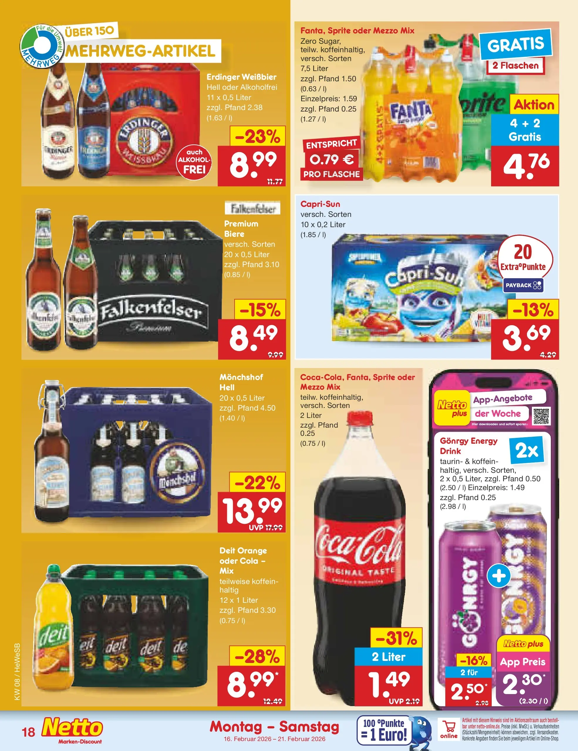 Netto Marken-Discount prospekt Hamburg	 (ab 15.02.2026) » Angebote | Seite: 22 | Produkte: Monchshof, Fanta, Sprite, Erdinger