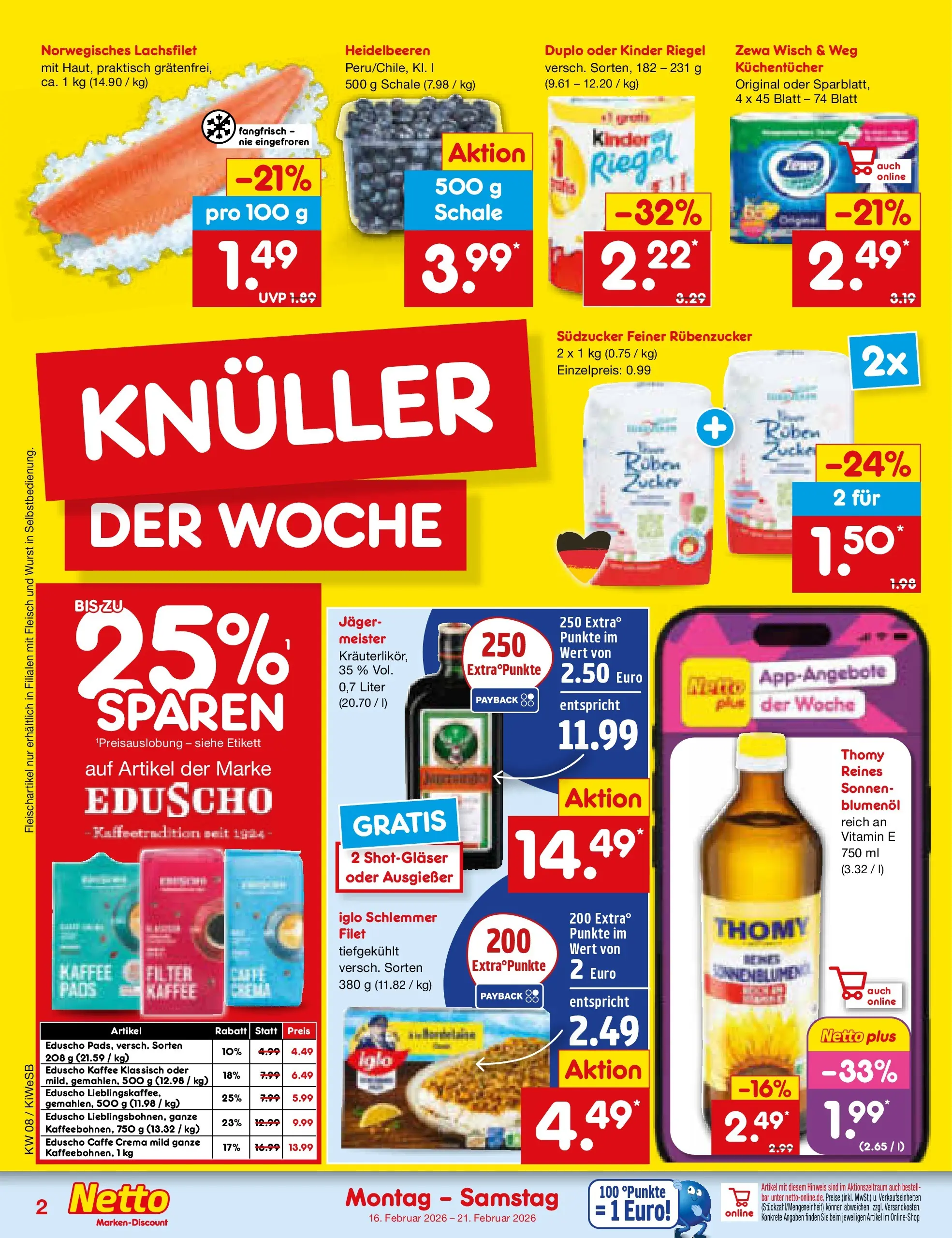 Netto Marken-Discount prospekt Bad Friedrichshall	 (ab 16.02.2026) » Angebote | Seite: 2 | Produkte: Kinder riegel, Heidelbeeren, Fleisch, Eduscho