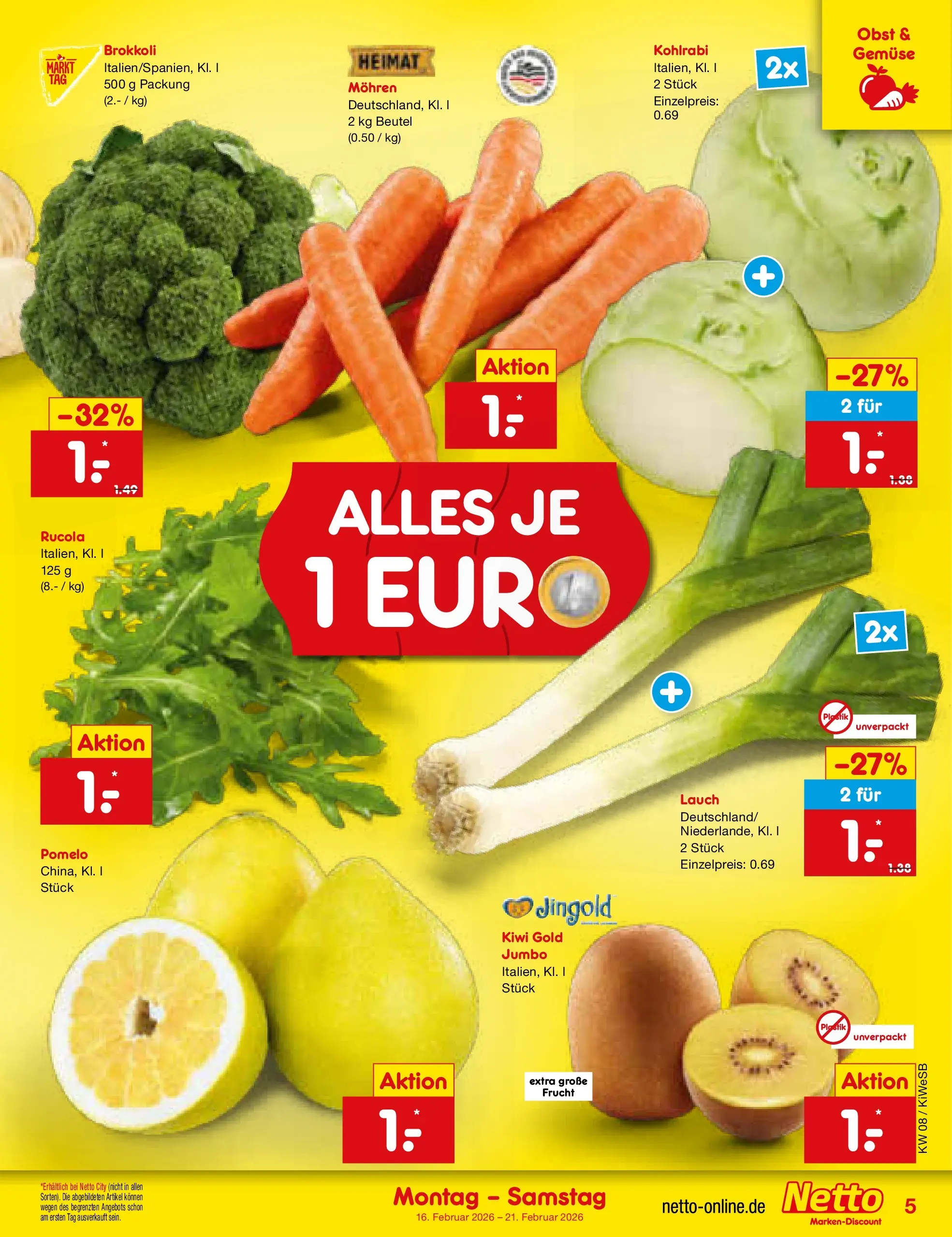 Netto Marken-Discount prospekt Bad Friedrichshall	 (ab 16.02.2026) » Angebote | Seite: 5 | Produkte: Rucola, Mohren, Gemüse, Kiwi