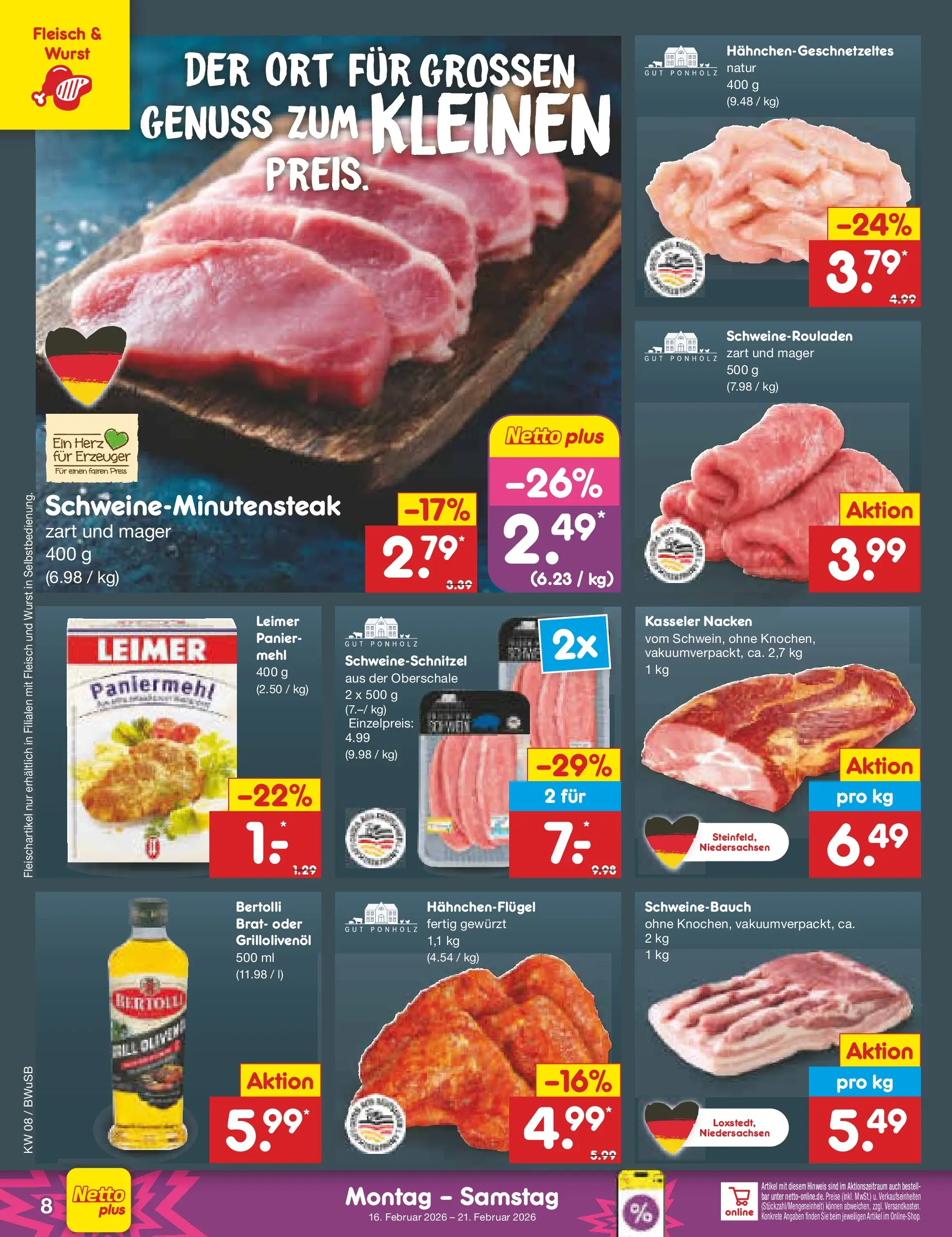 Netto Marken-Discount prospekt Stemwede-Dielingen	 (ab 15.02.2026) » Angebote | Seite: 8 | Produkte: Mehl, Schweinebauch, Wurst, Fleisch