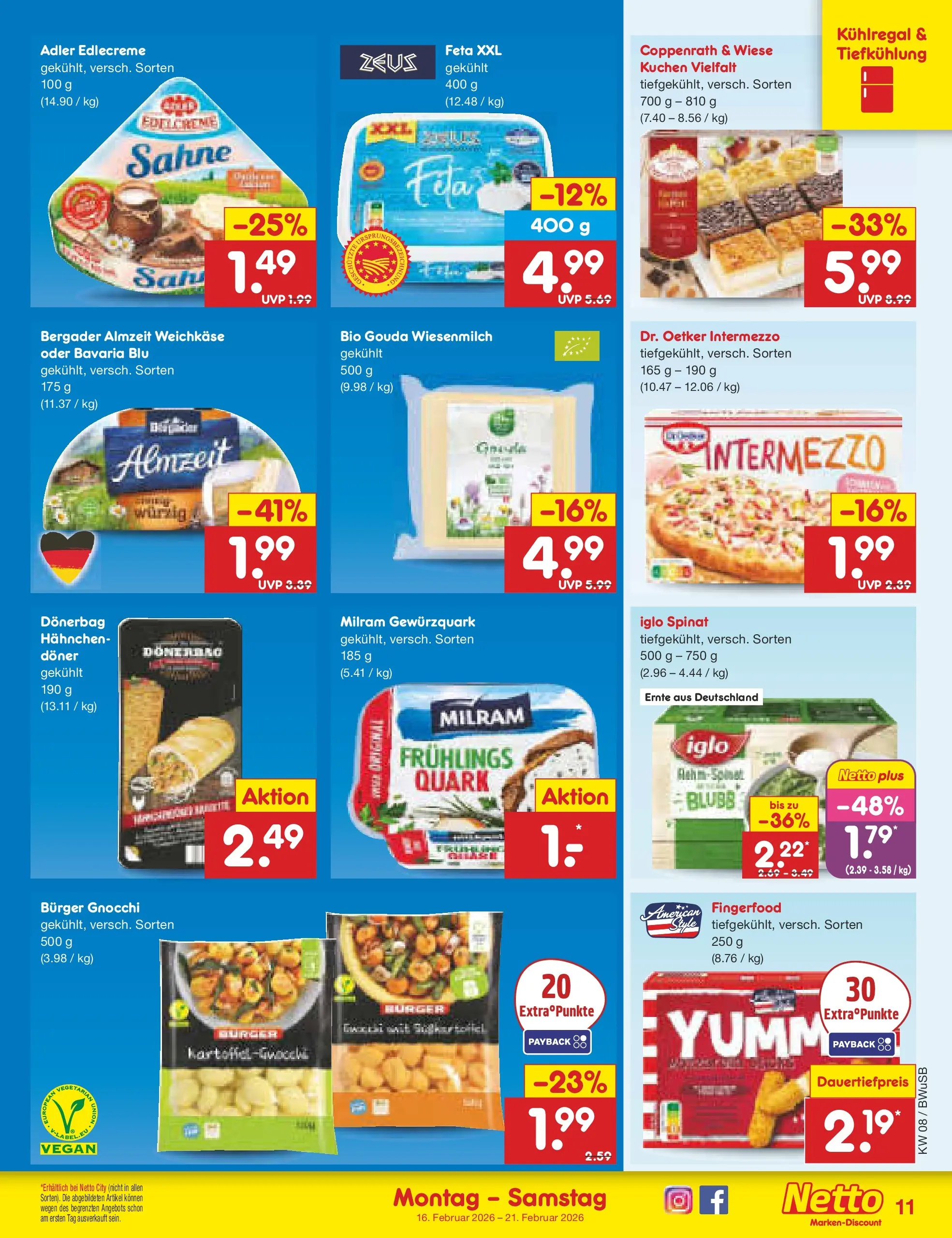 Netto Marken-Discount prospekt Stemwede-Dielingen	 (ab 15.02.2026) » Angebote | Seite: 11 | Produkte: Hahnchen, Quark, Feta, Burger
