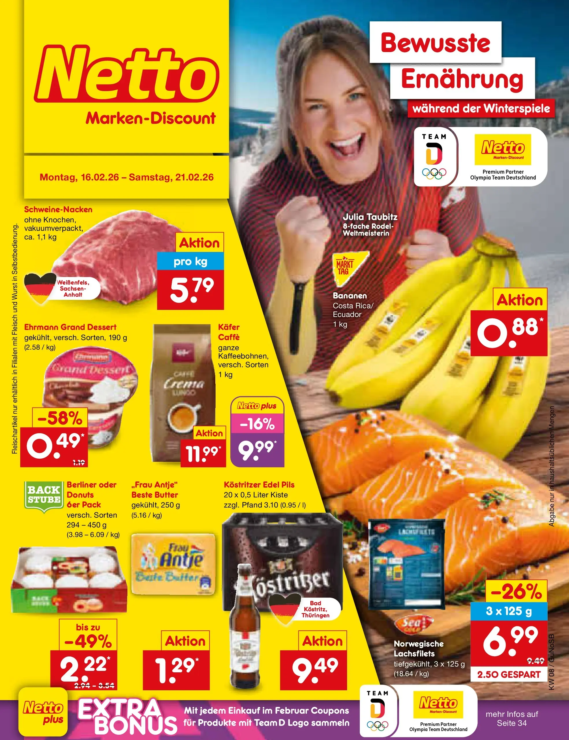 Netto Marken-Discount prospekt Machern	 (ab 15.02.2026) » Angebote | Seite: 1 | Produkte: Kostritzer, Ehrmann grand dessert, Schweinenacken, Donuts