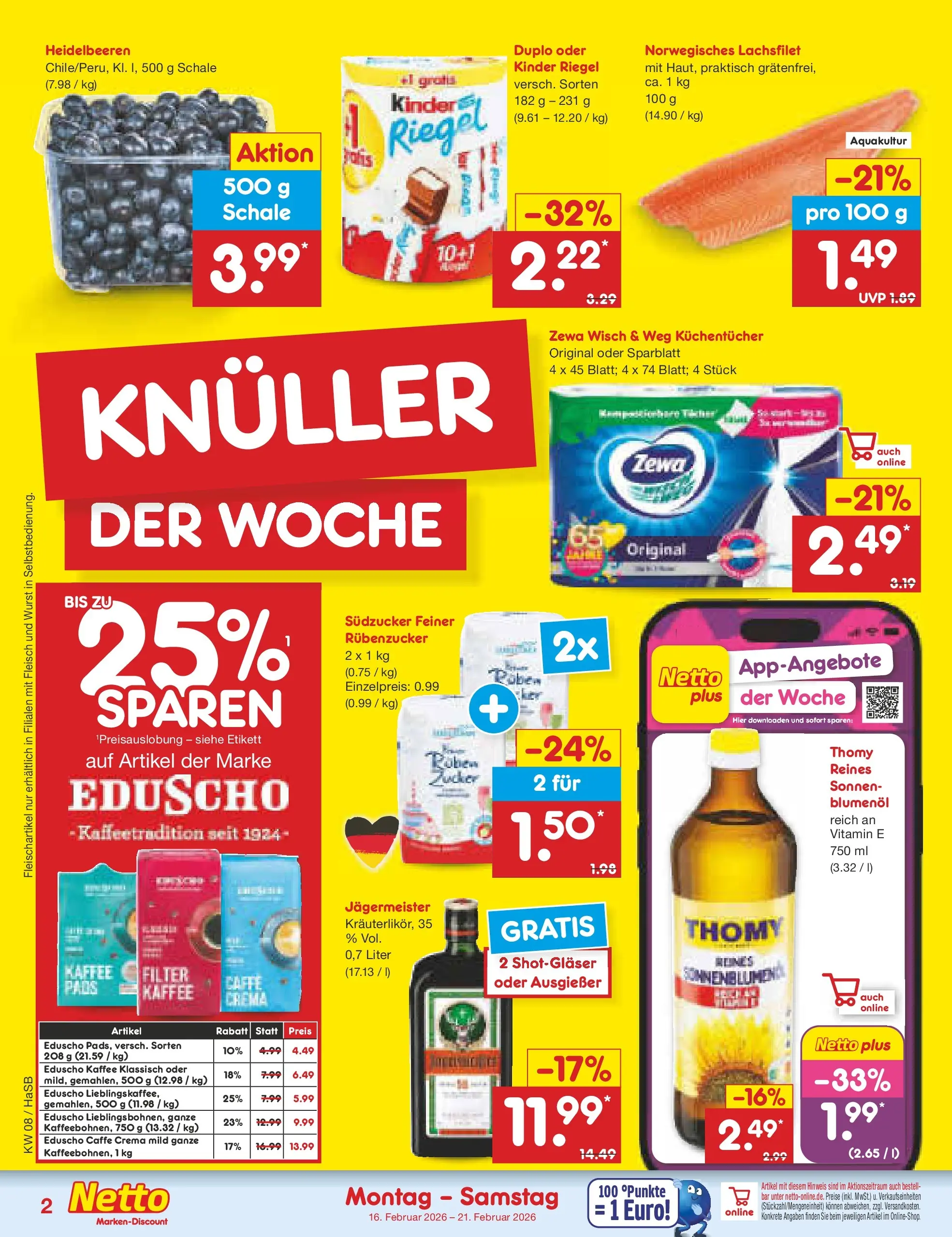 Netto Marken-Discount prospekt Wuppertal	 (ab 16.02.2026) » Angebote | Seite: 2 | Produkte: Zewa, Heidelbeeren, Jägermeister, Zucker