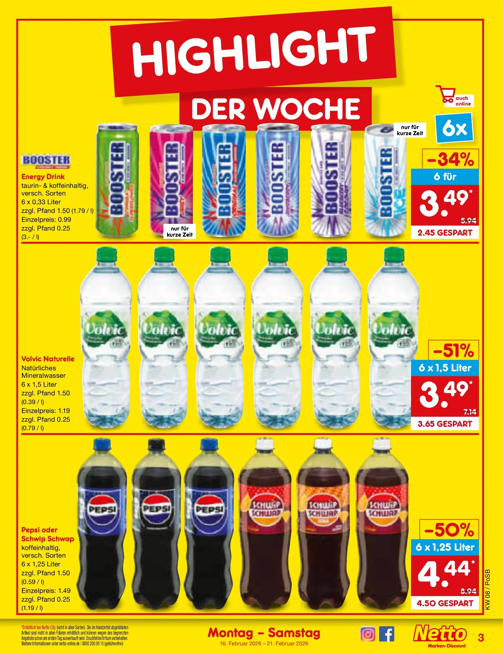 Netto Marken-Discount prospekt Regensburg	 (ab 15.02.2026) » Angebote | Seite: 3 | Produkte: Energy, Schwip schwap, Mineralwasser, Pepsi