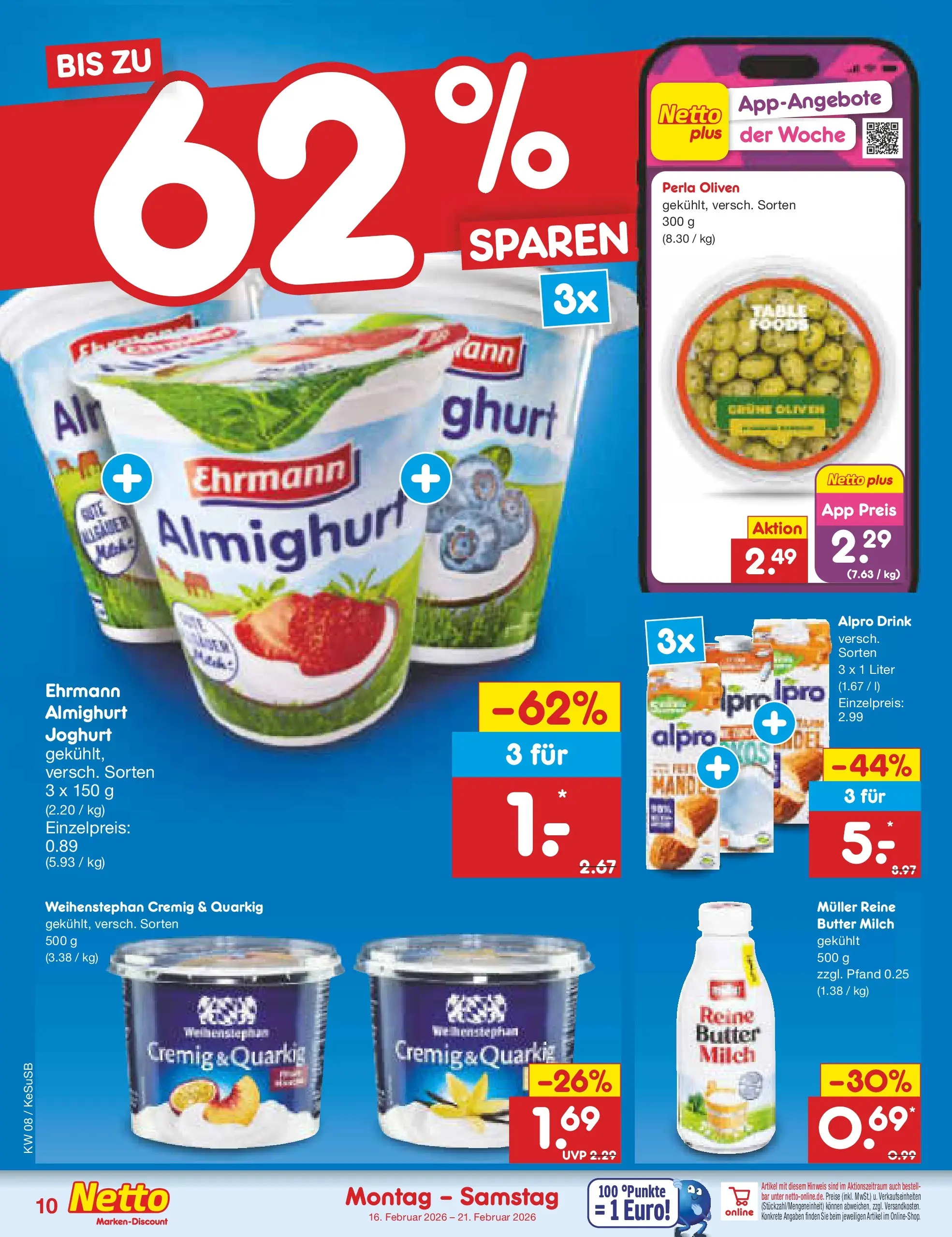 Netto Marken-Discount prospekt Kruft	 (ab 15.02.2026) » Angebote | Seite: 10 | Produkte: Milch, Butter, Joghurt, Alpro