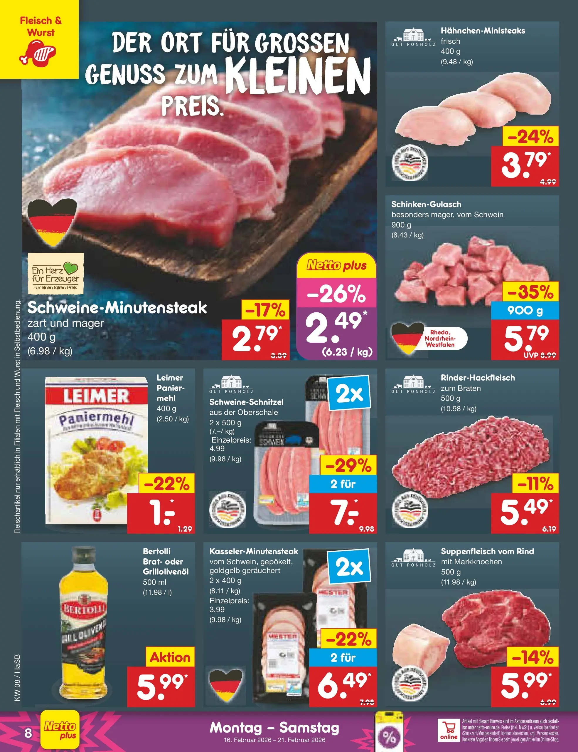 Netto Marken-Discount prospekt Wuppertal	 (ab 16.02.2026) » Angebote | Seite: 8 | Produkte: Mehl, Suppenfleisch, Wurst, Fleisch