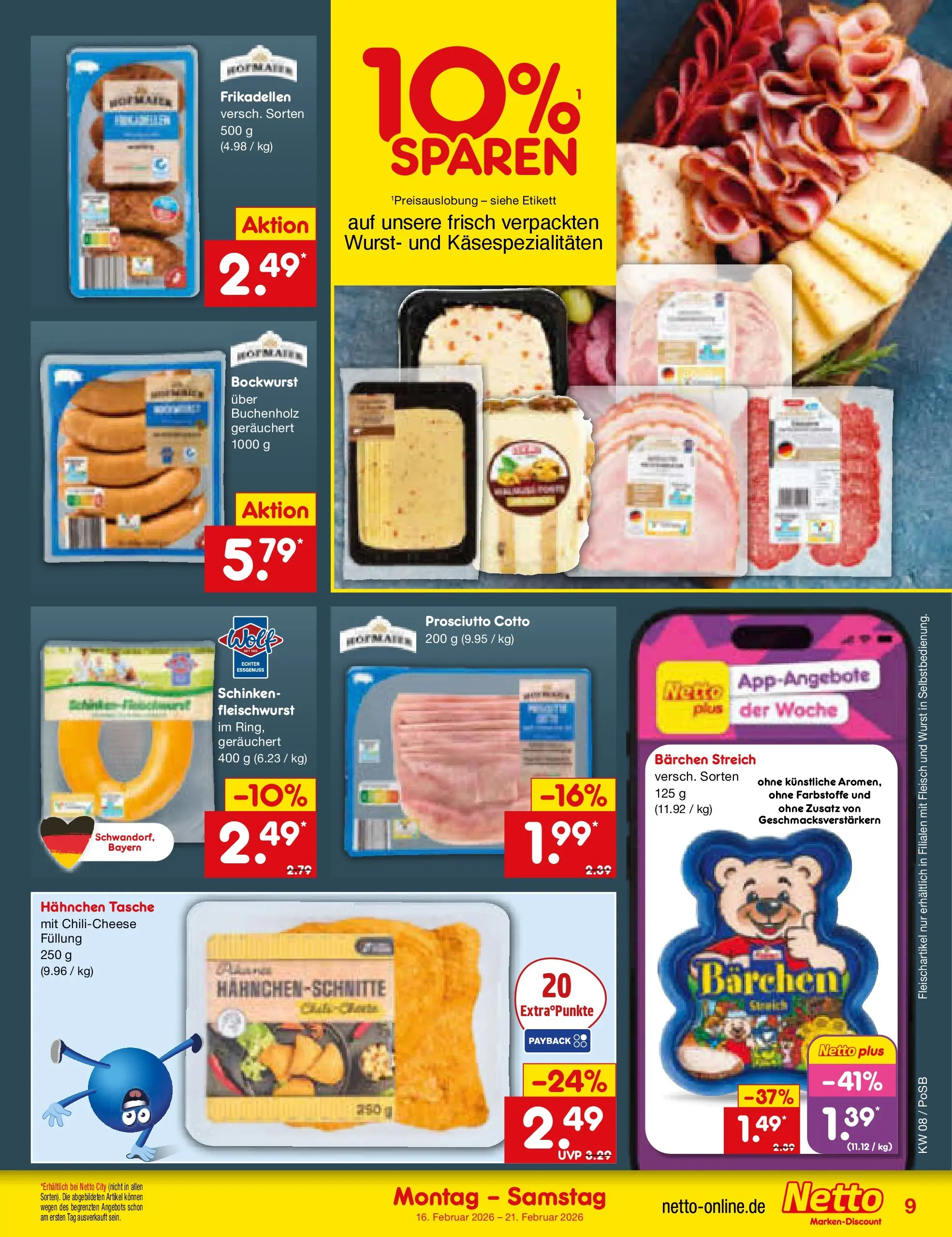 Netto Marken-Discount prospekt Regensburg	 (ab 15.02.2026) » Angebote | Seite: 9 | Produkte: Tasche, Bockwurst, Hahnchen, Schinken