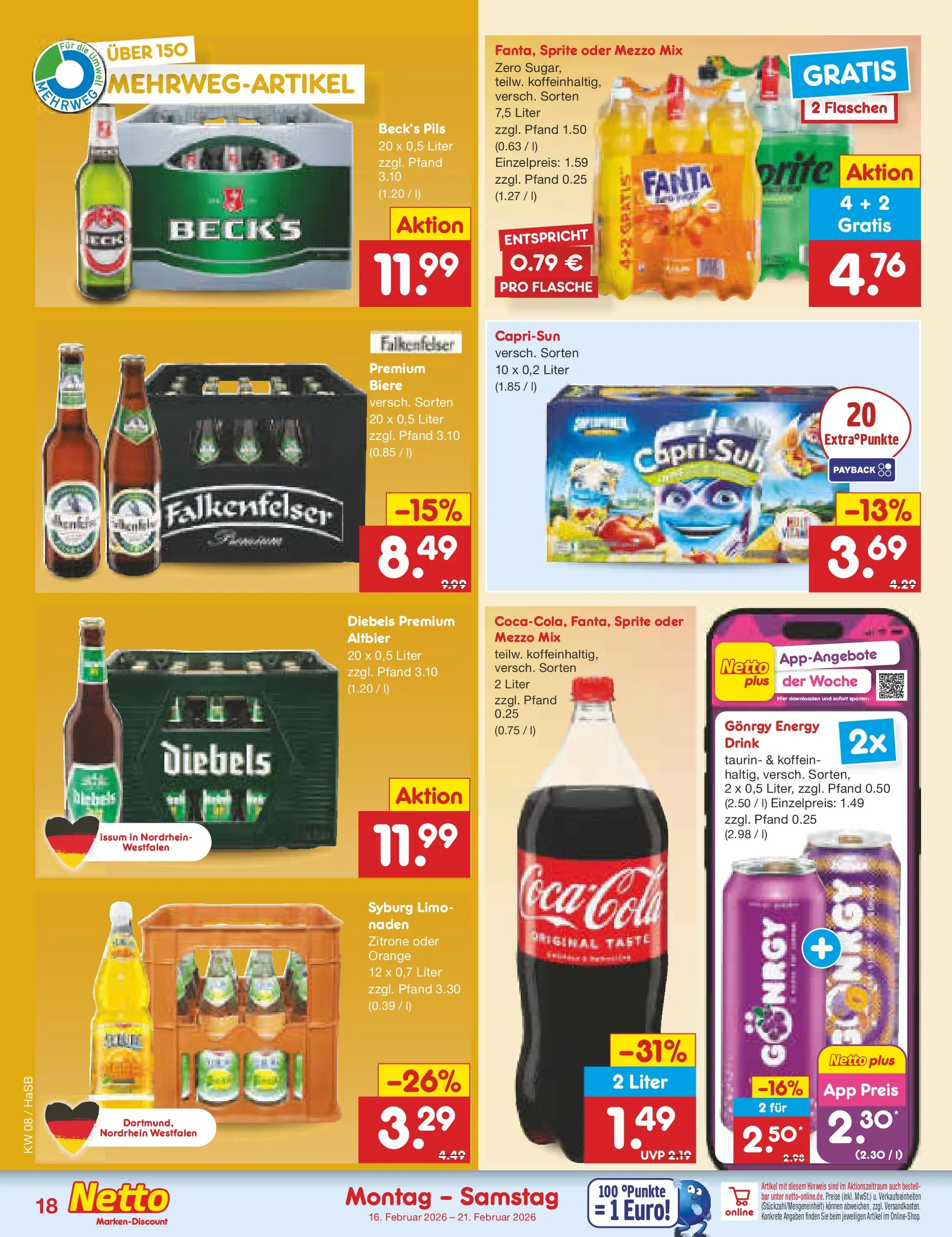 Netto Marken-Discount prospekt Wuppertal	 (ab 16.02.2026) » Angebote | Seite: 22 | Produkte: Coca cola, Sprite, Pils, Diebels