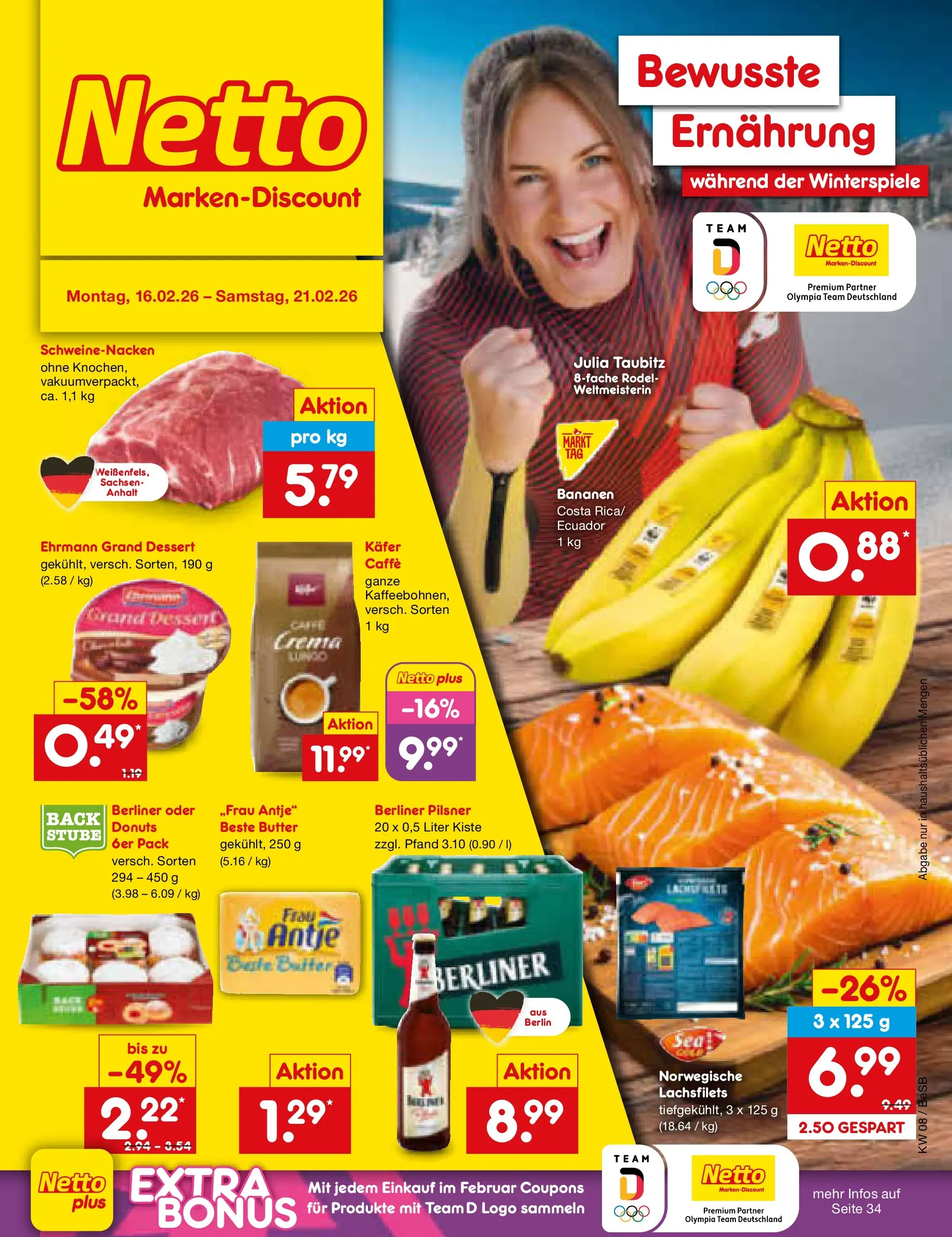 Netto Marken-Discount prospekt Kremmen	 (ab 16.02.2026) » Angebote | Seite: 1 | Produkte: Berliner, Schweinenacken, Donuts, Berliner pilsner