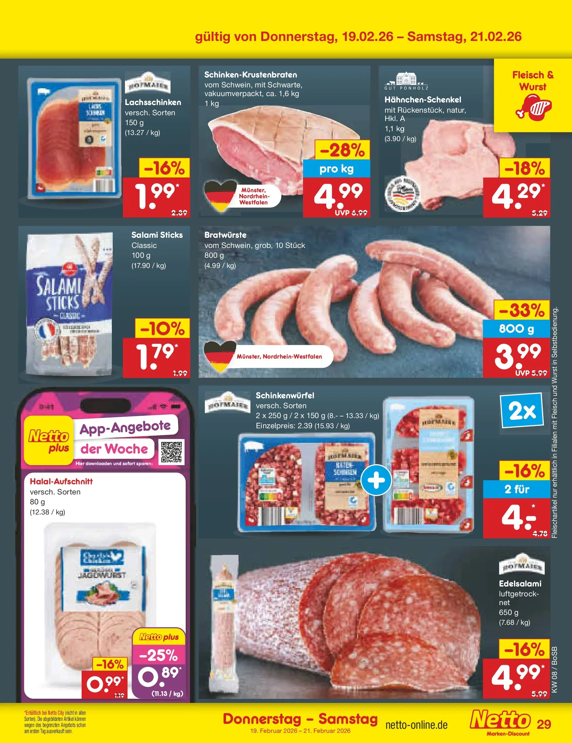 Netto Marken-Discount prospekt Stadtlohn	 (ab 15.02.2026) » Angebote | Seite: 43 | Produkte: Hahnchenschenkel, Wurst, Salami, Fleisch