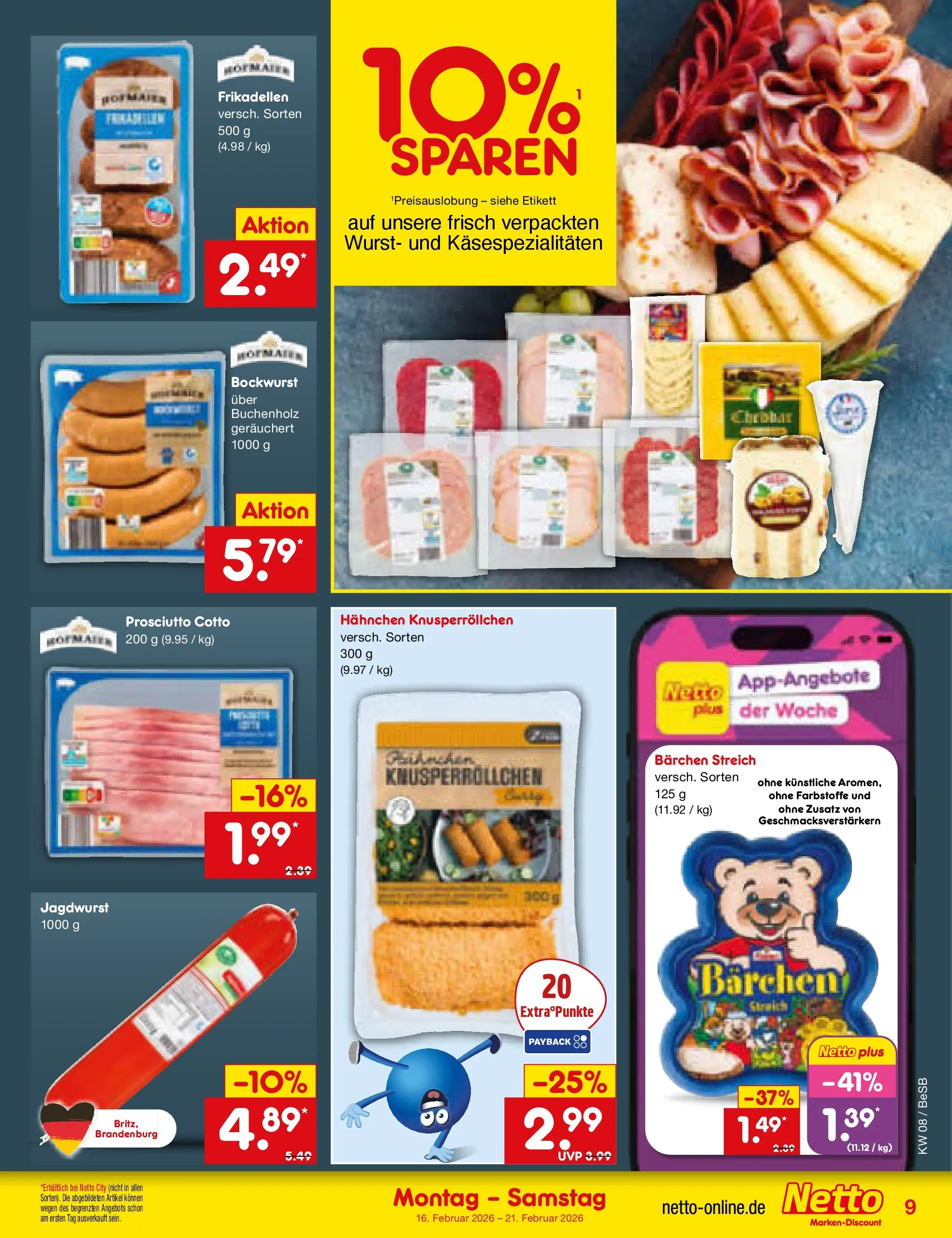 Netto Marken-Discount prospekt Kremmen	 (ab 16.02.2026) » Angebote | Seite: 9 | Produkte: Bockwurst, Hahnchen, Wurst