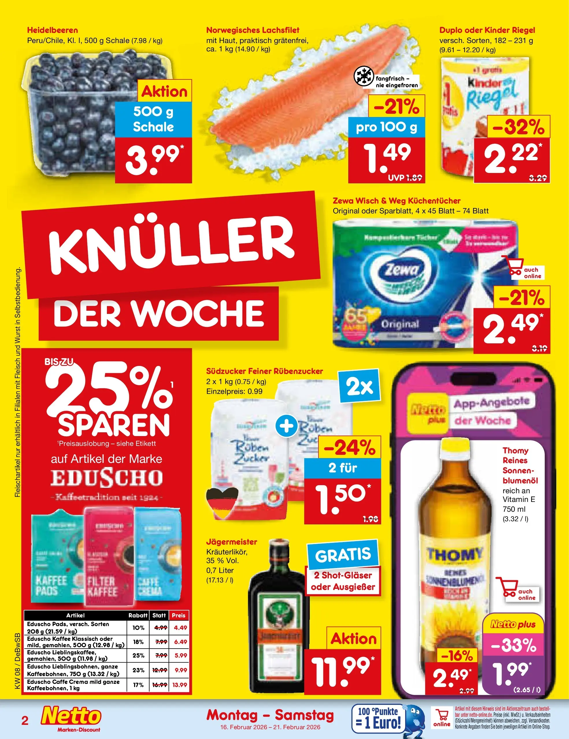 Netto Marken-Discount prospekt Waiblingen-Bittenfeld	 (ab 15.02.2026) » Angebote | Seite: 2 | Produkte: Heidelbeeren, Jägermeister, Zucker, Fleisch