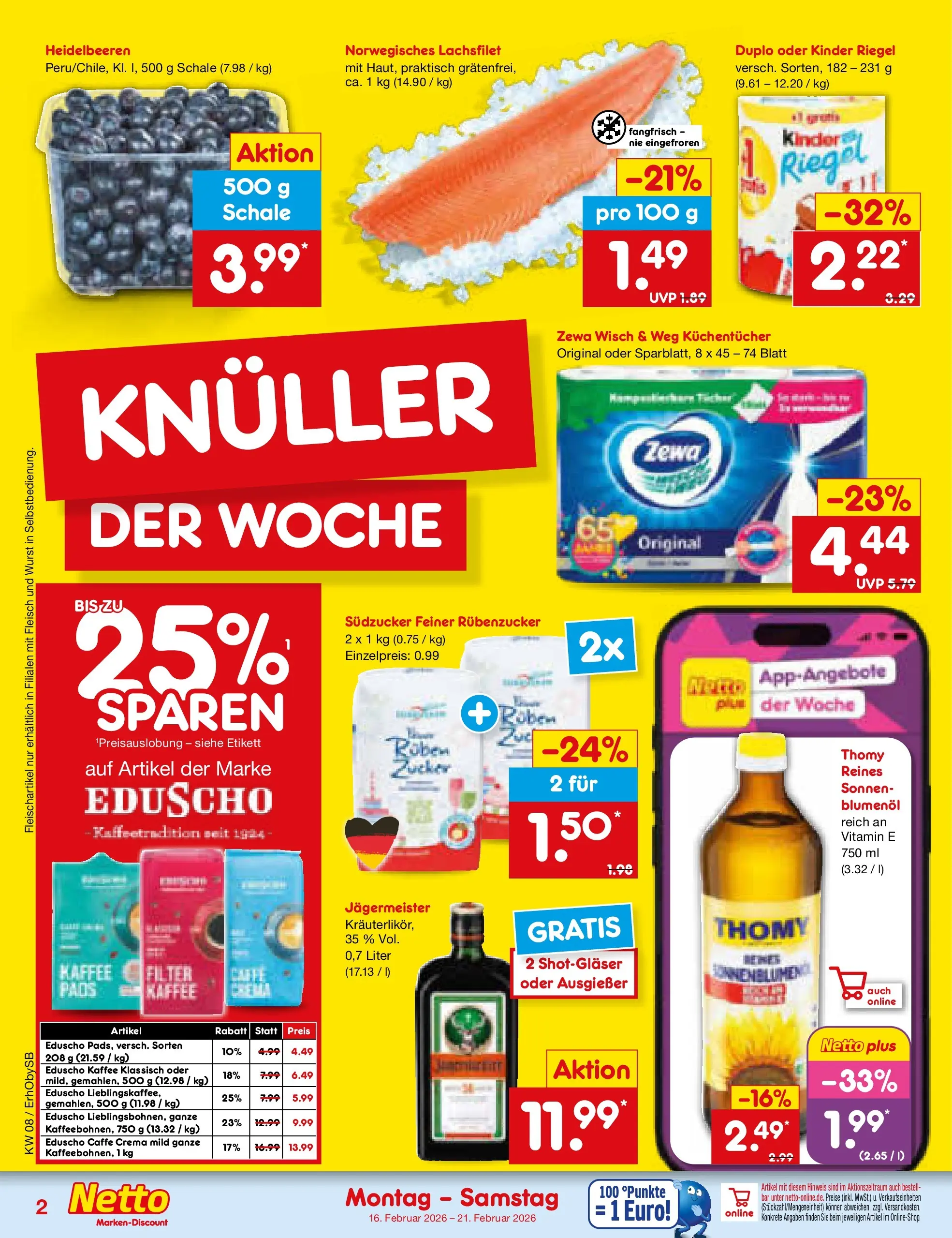 Netto Marken-Discount prospekt Mauern	 (ab 16.02.2026) » Angebote | Seite: 2 | Produkte: Zewa, Kinder riegel, Jägermeister, Eduscho