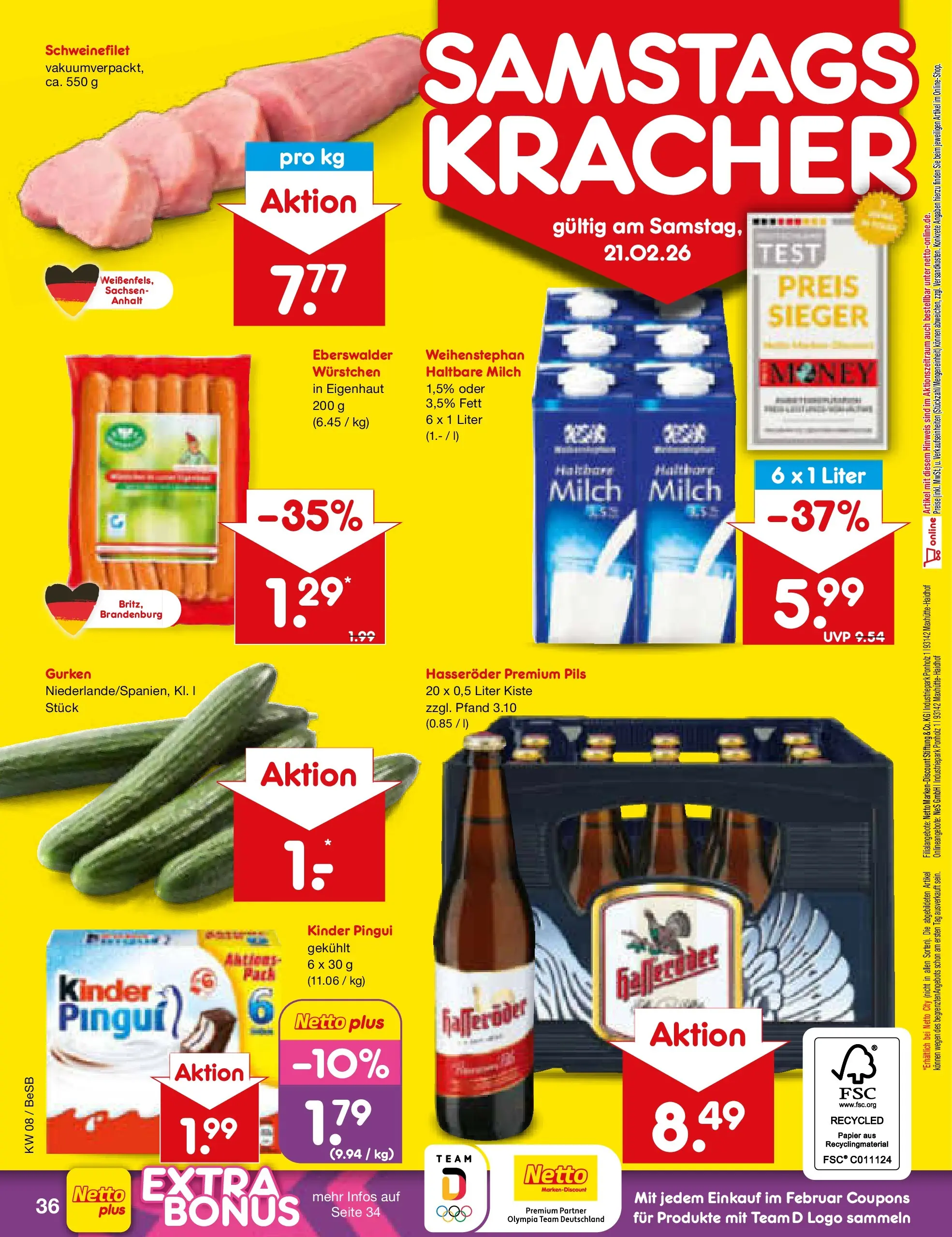 Netto Marken-Discount prospekt Kremmen	 (ab 16.02.2026) » Angebote | Seite: 50 | Produkte: Haltbare milch, Schweinefilet, Hasseröder, Gurken