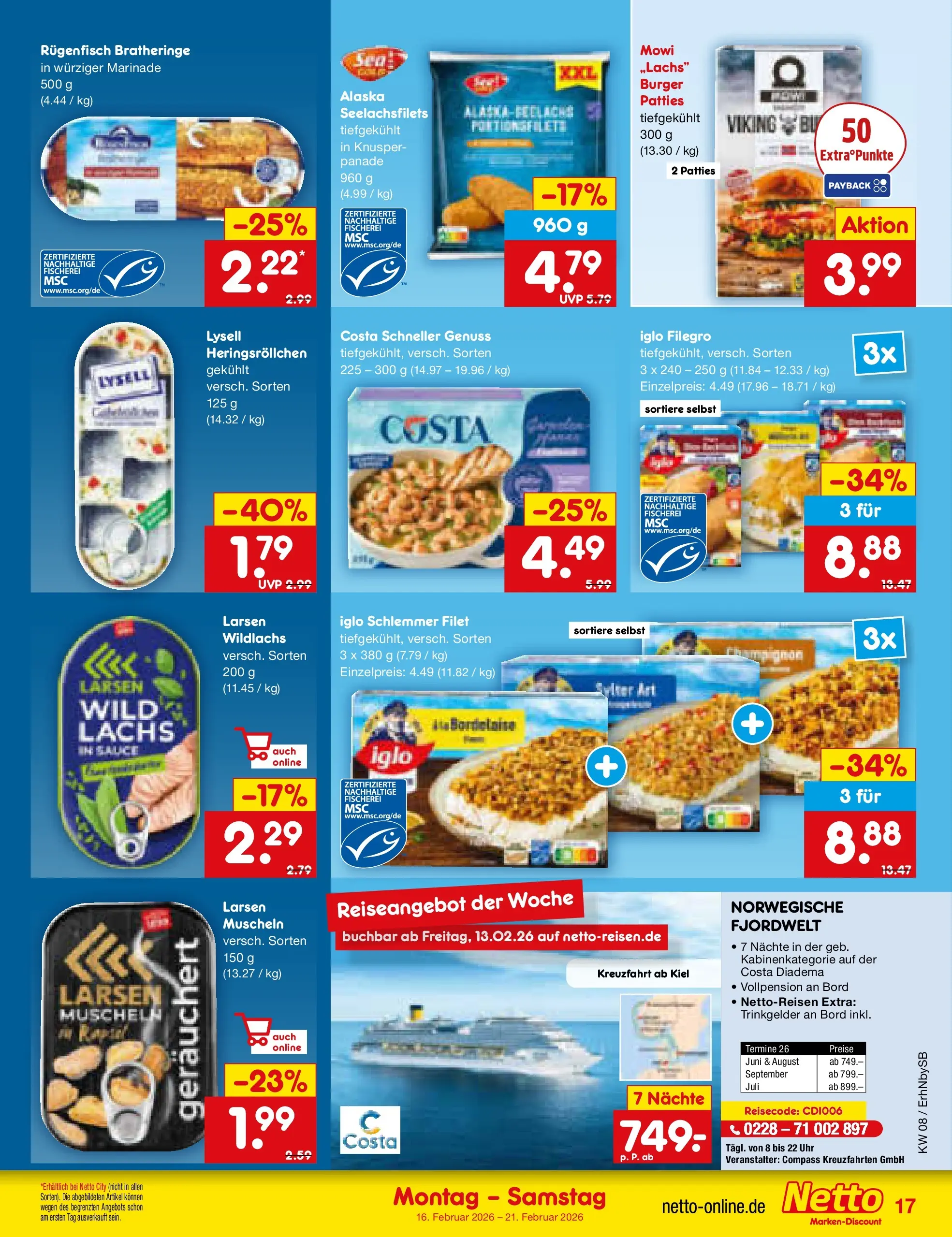 Netto Marken-Discount prospekt Metten	 (ab 16.02.2026) » Angebote | Seite: 19 | Produkte: Iglo, Burger, Lachs, Uhr