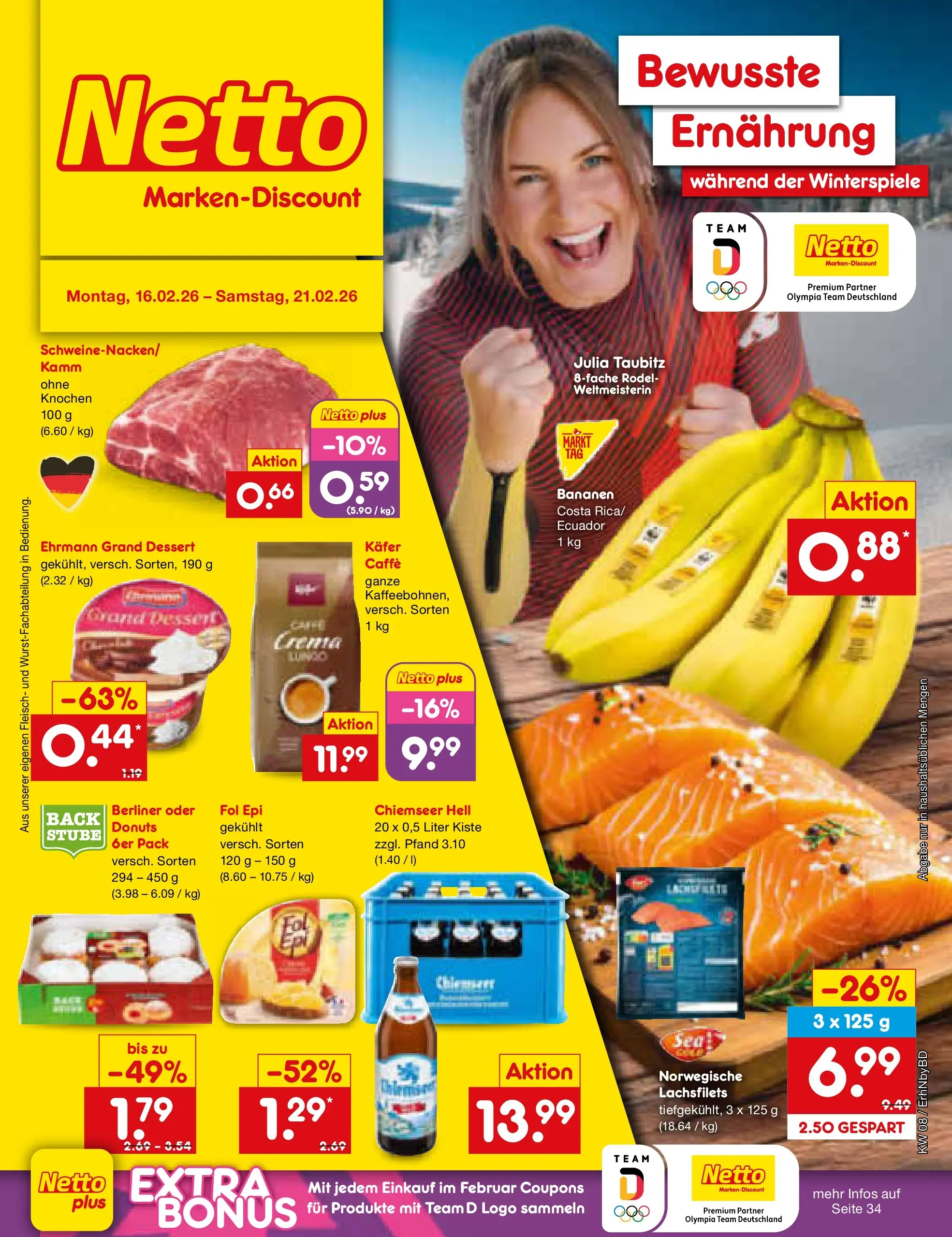 Netto Marken-Discount prospekt Ergolding	 (ab 16.02.2026) » Angebote | Seite: 1 | Produkte: Berliner, Ehrmann grand dessert, Bananen, Fleisch