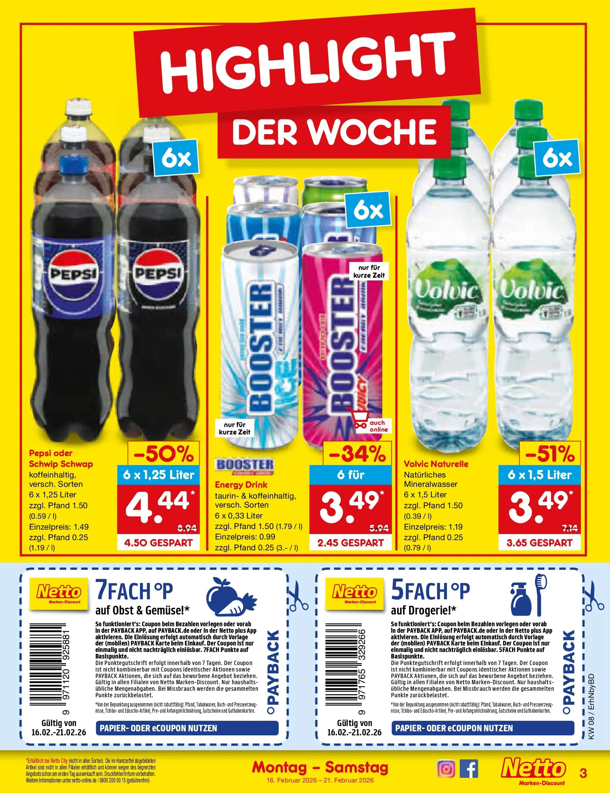 Netto Marken-Discount prospekt Ergolding	 (ab 16.02.2026) » Angebote | Seite: 3 | Produkte: Energy, Mineralwasser, Gemüse, Volvic