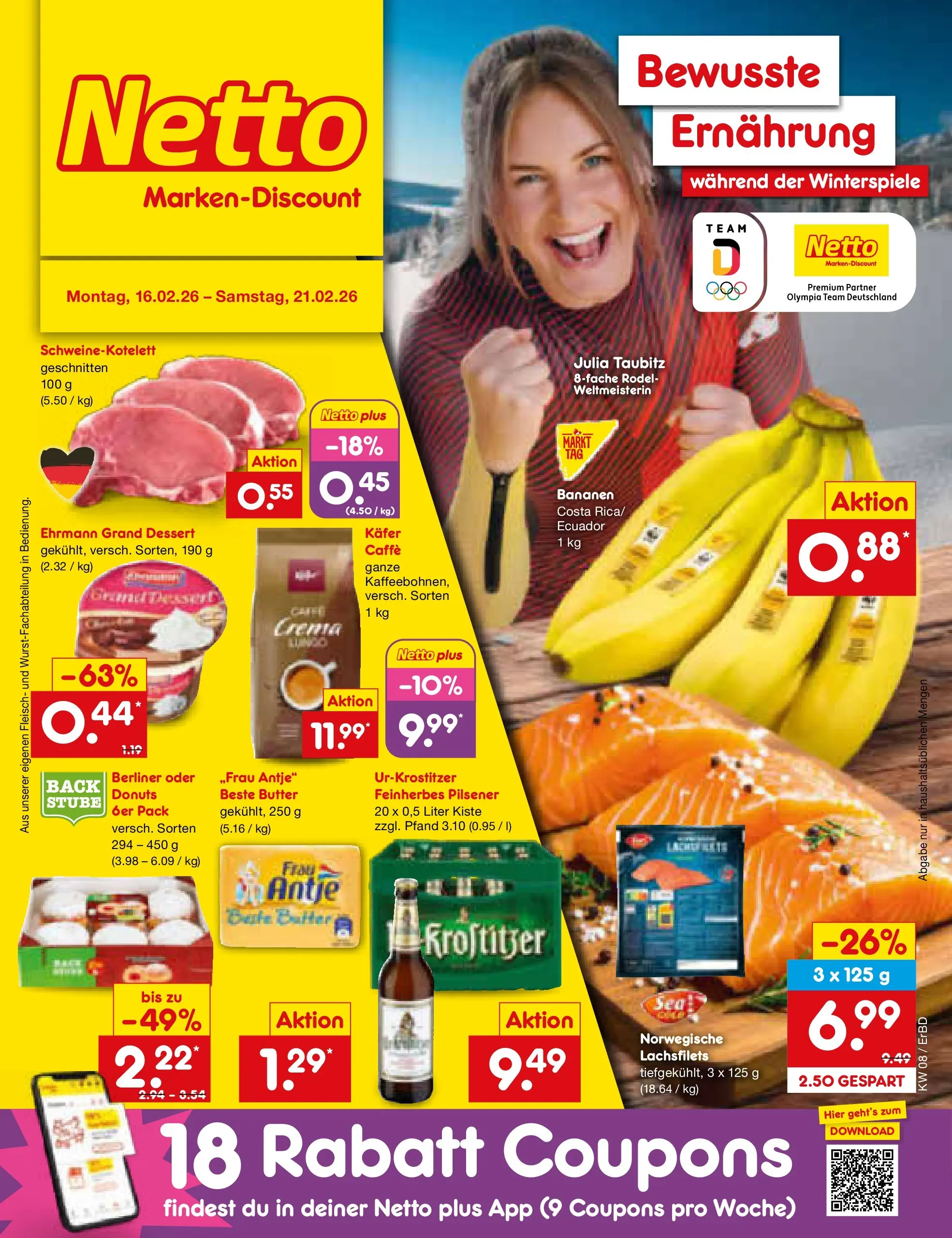 Netto Marken-Discount prospekt Jena-Lobeda	 (ab 16.02.2026) » Angebote | Seite: 1 | Produkte: Berliner, Ehrmann grand dessert, Bananen, Fleisch